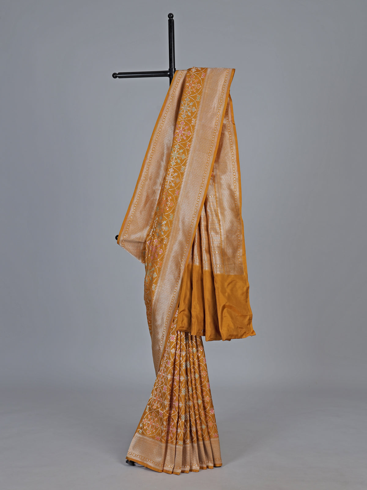 Mustard yellow banarasi silk saree with meenakari zari elegance