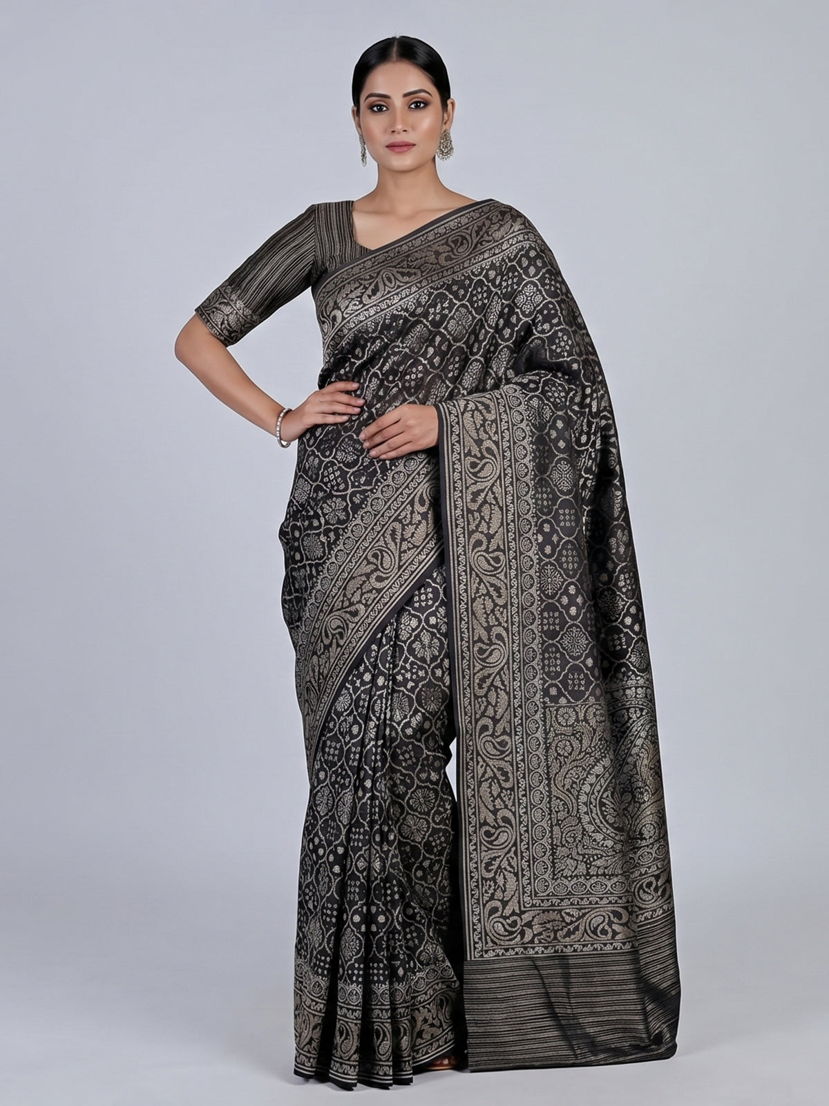Black banarasi silk saree with geometric zari weave