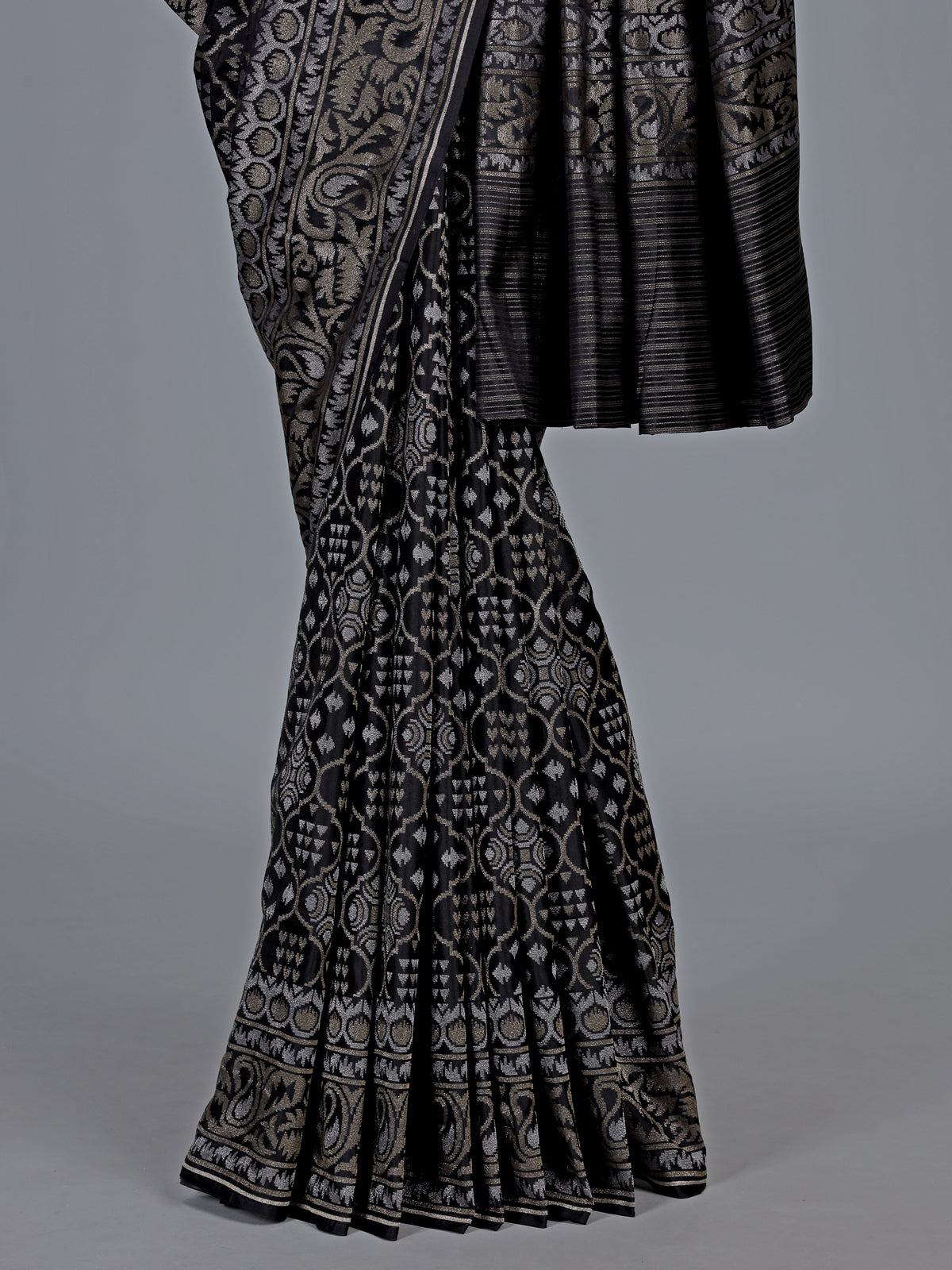Black banarasi silk saree with geometric zari weave