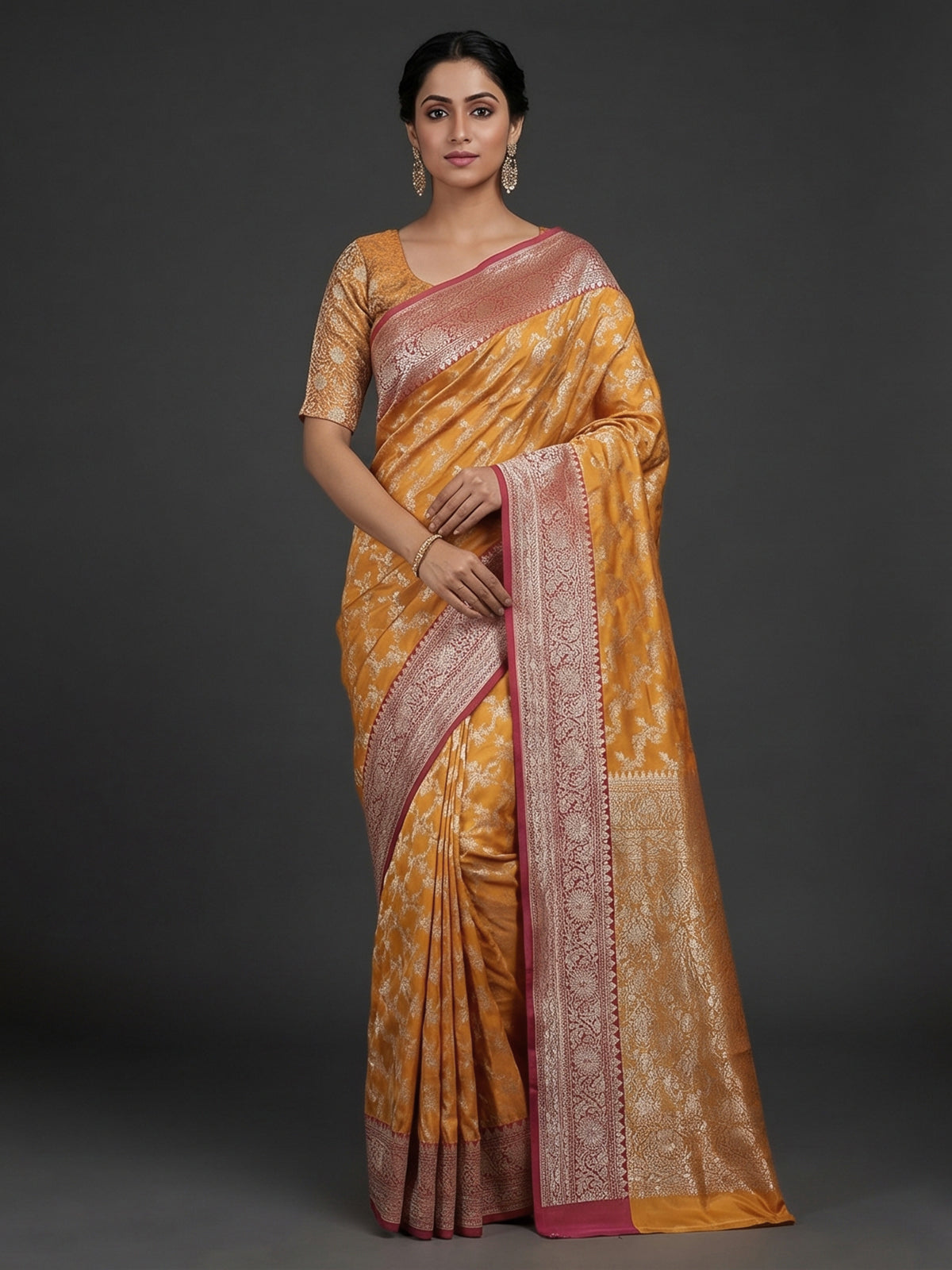 Mustard yellow banarasi silk saree with magenta zari border