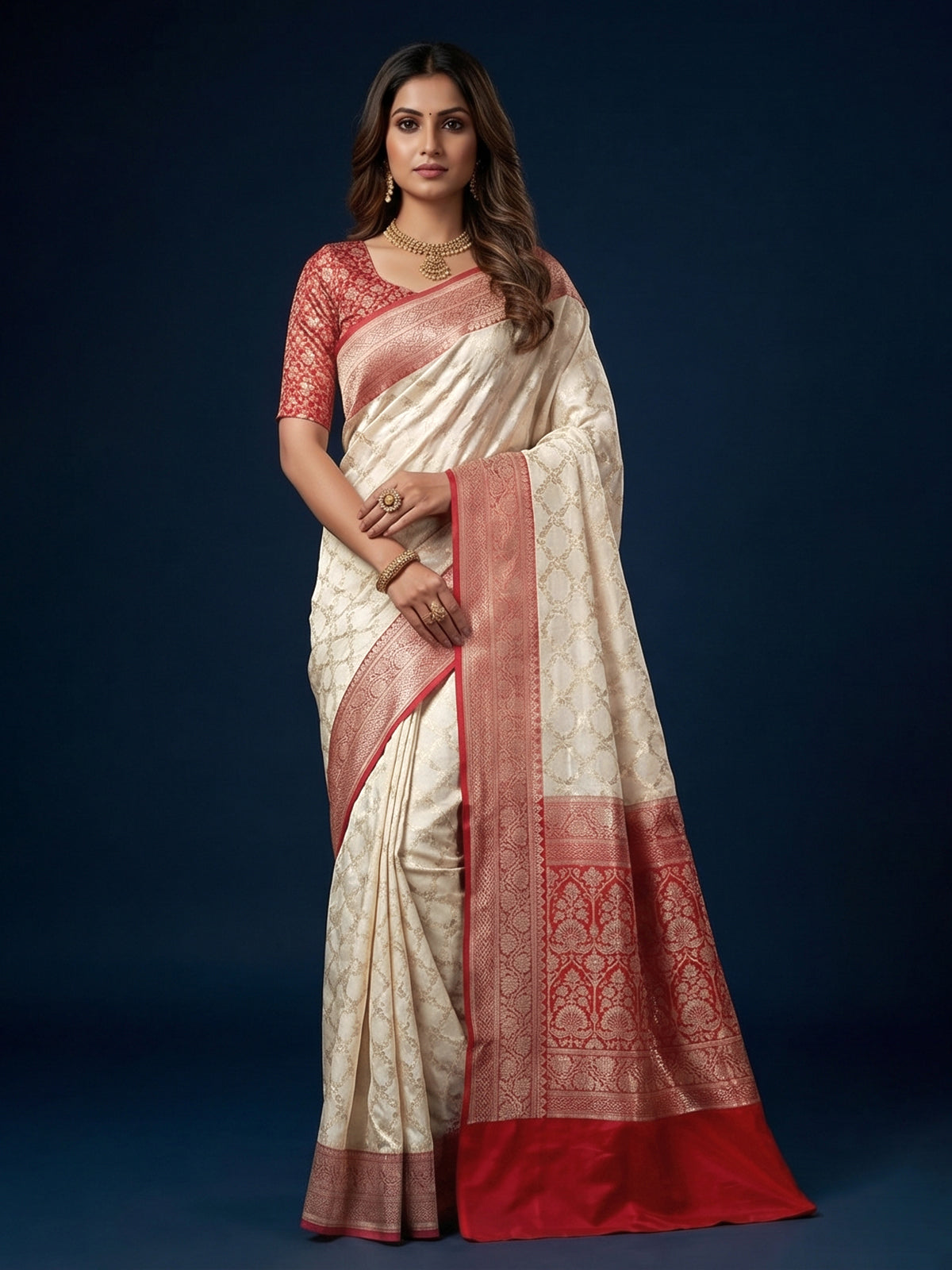 Off white banarasi silk saree with delicate zari detailing