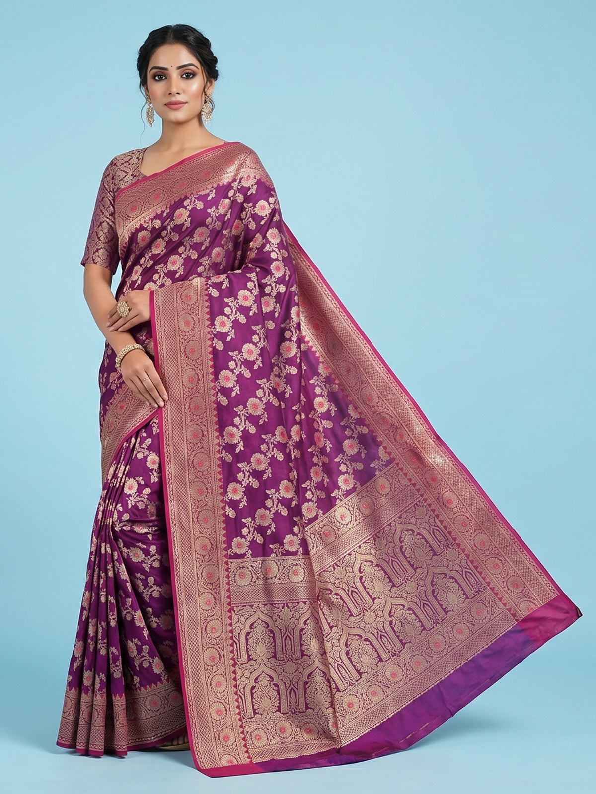 Violet banarasi silk saree with intricate zari border