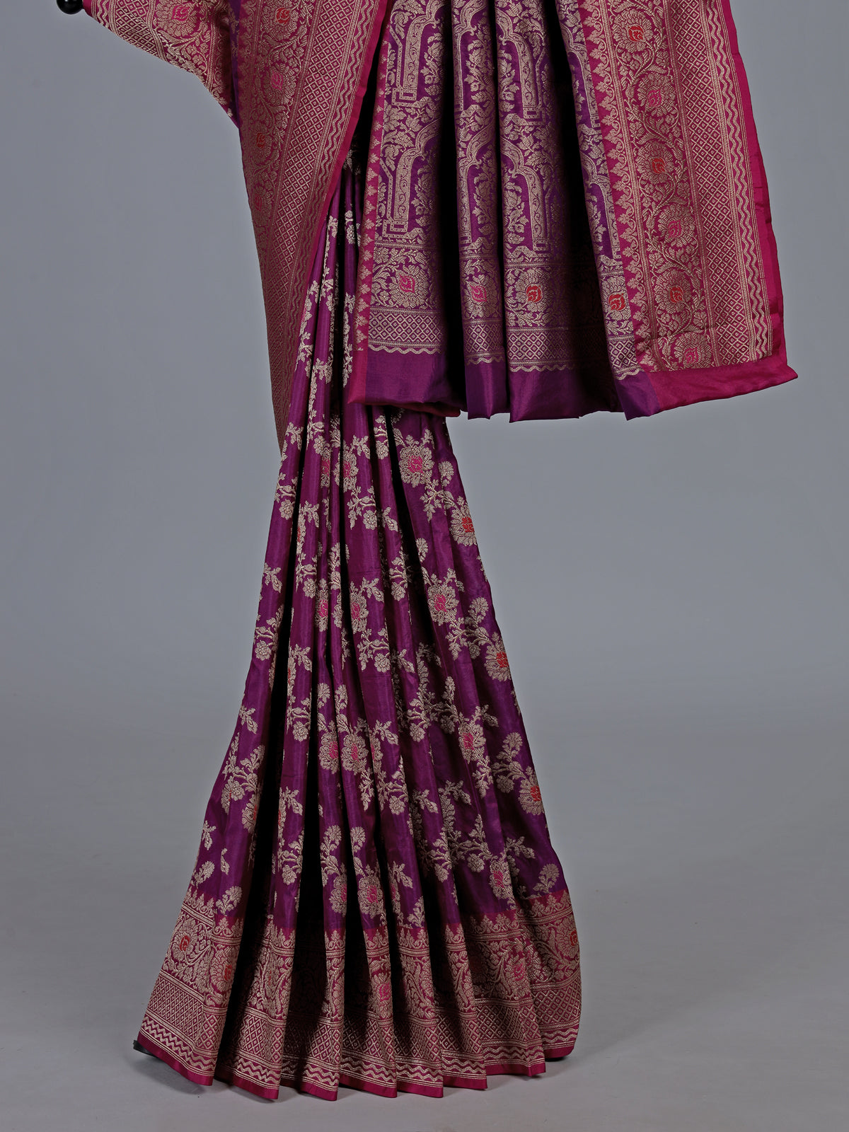 Violet banarasi silk saree with intricate zari border