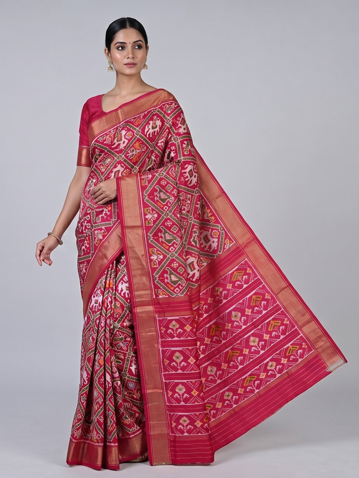 Fuchsia magenta hyderabadi patola silk saree with geometric weave