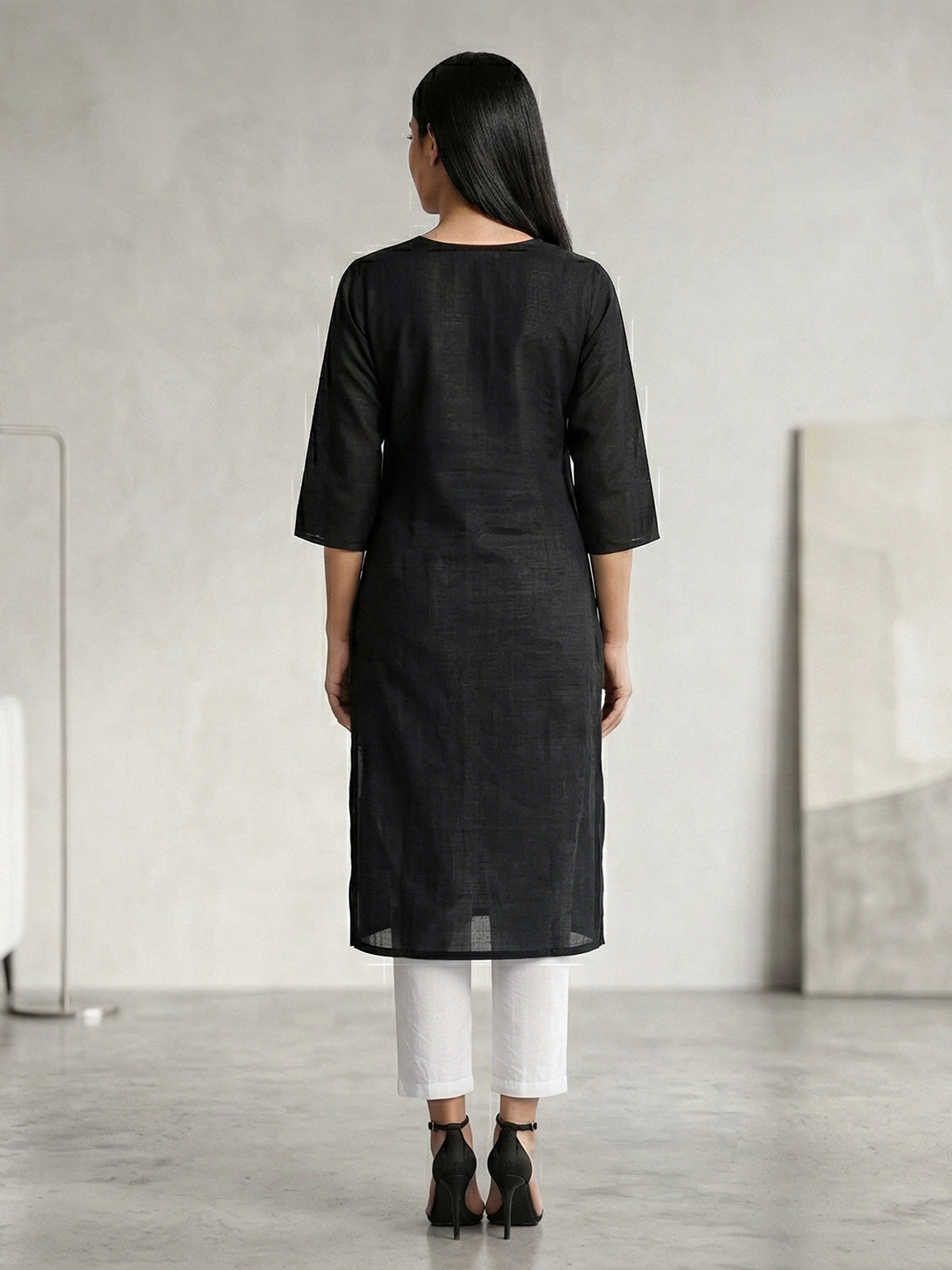 Black cotton silk embroidered work straight cut kurti