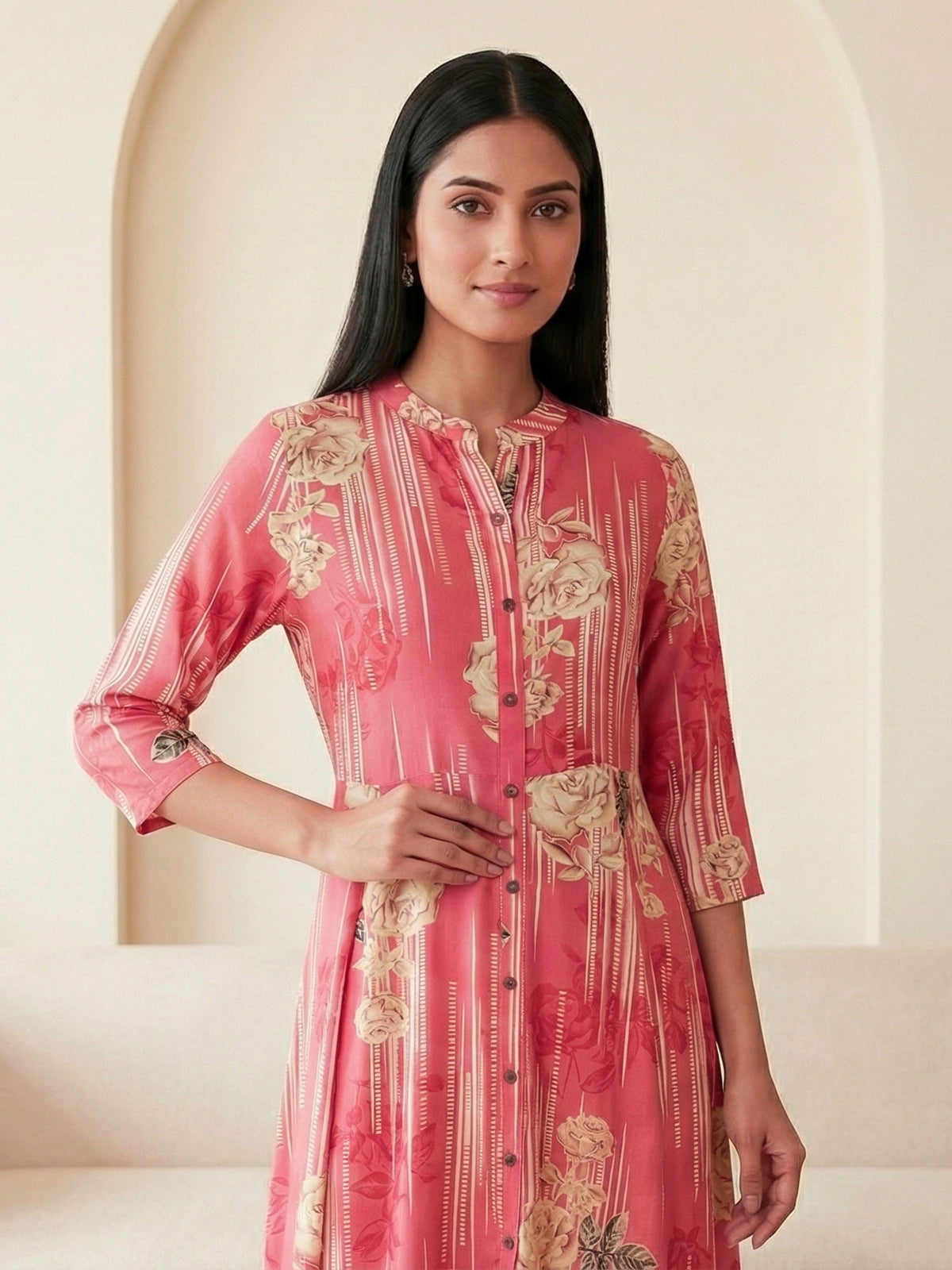 Pink silk floral printed casual wear kurti design