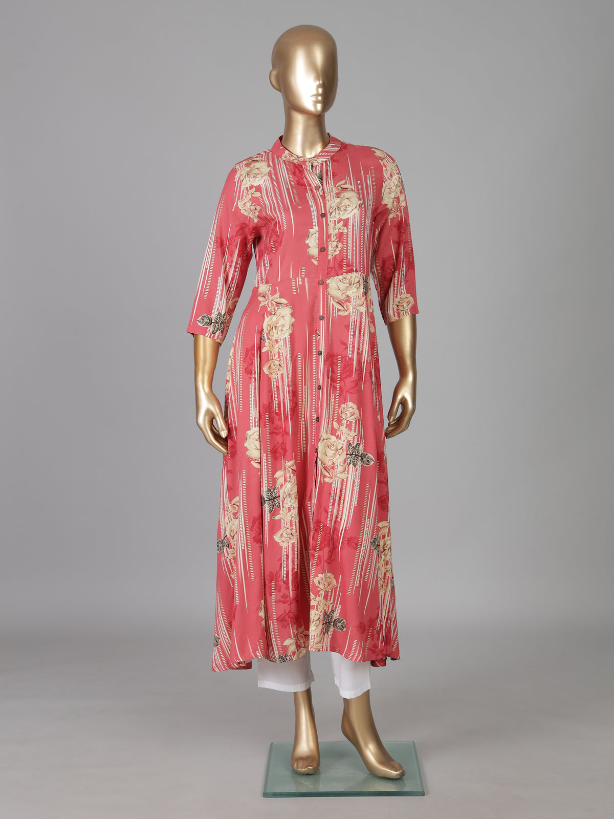 Pink silk floral printed casual wear kurti design