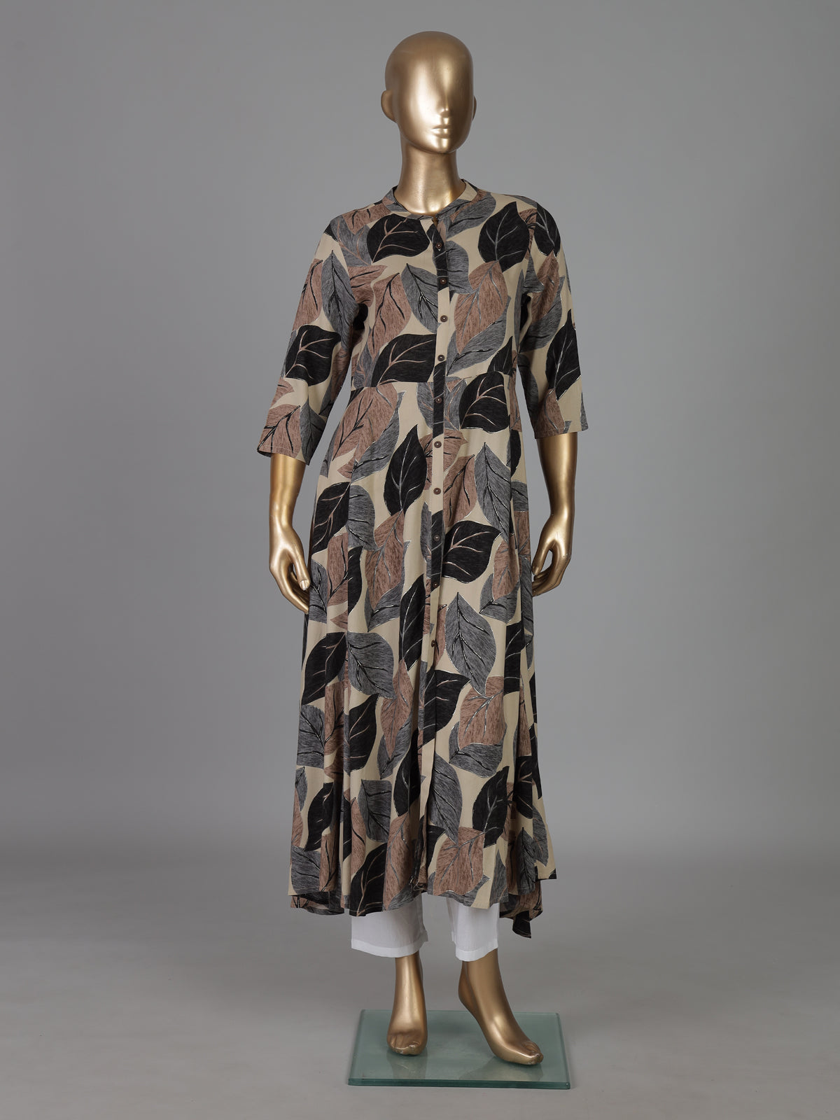 Beige silk printed casual stand collar kurti design