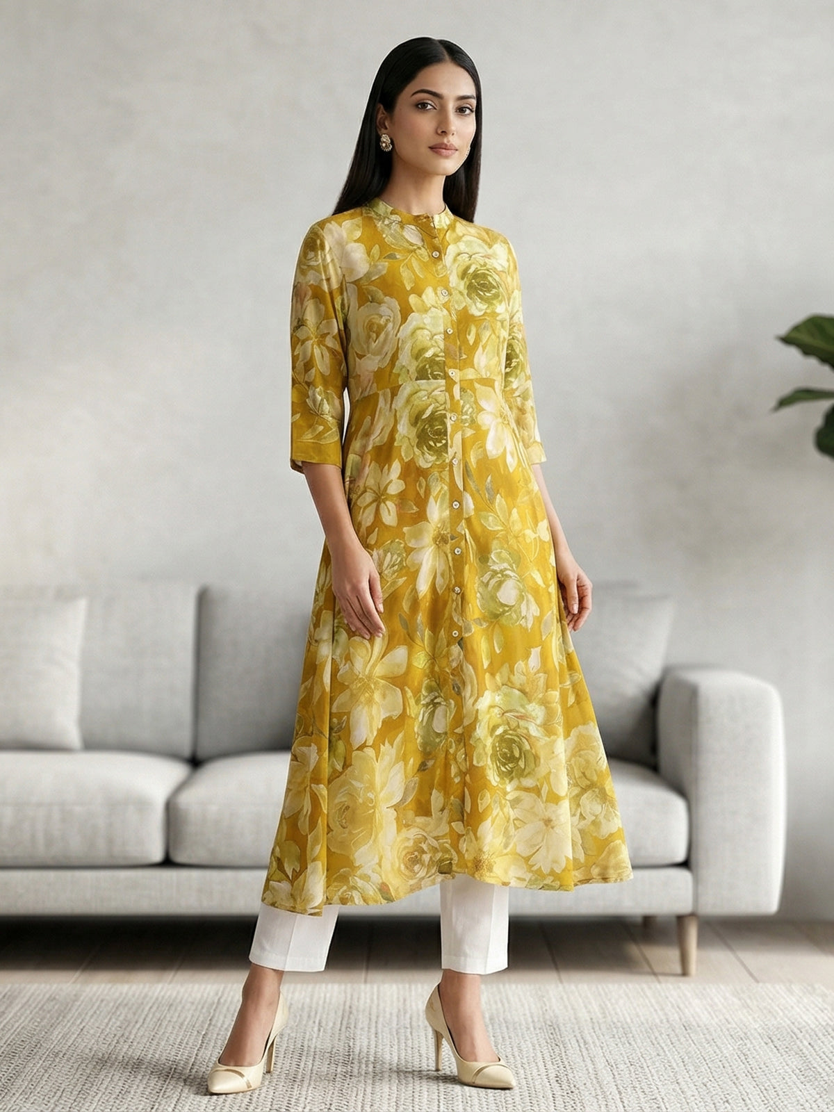 Mehendi yellow silk floral printed casual kurti design