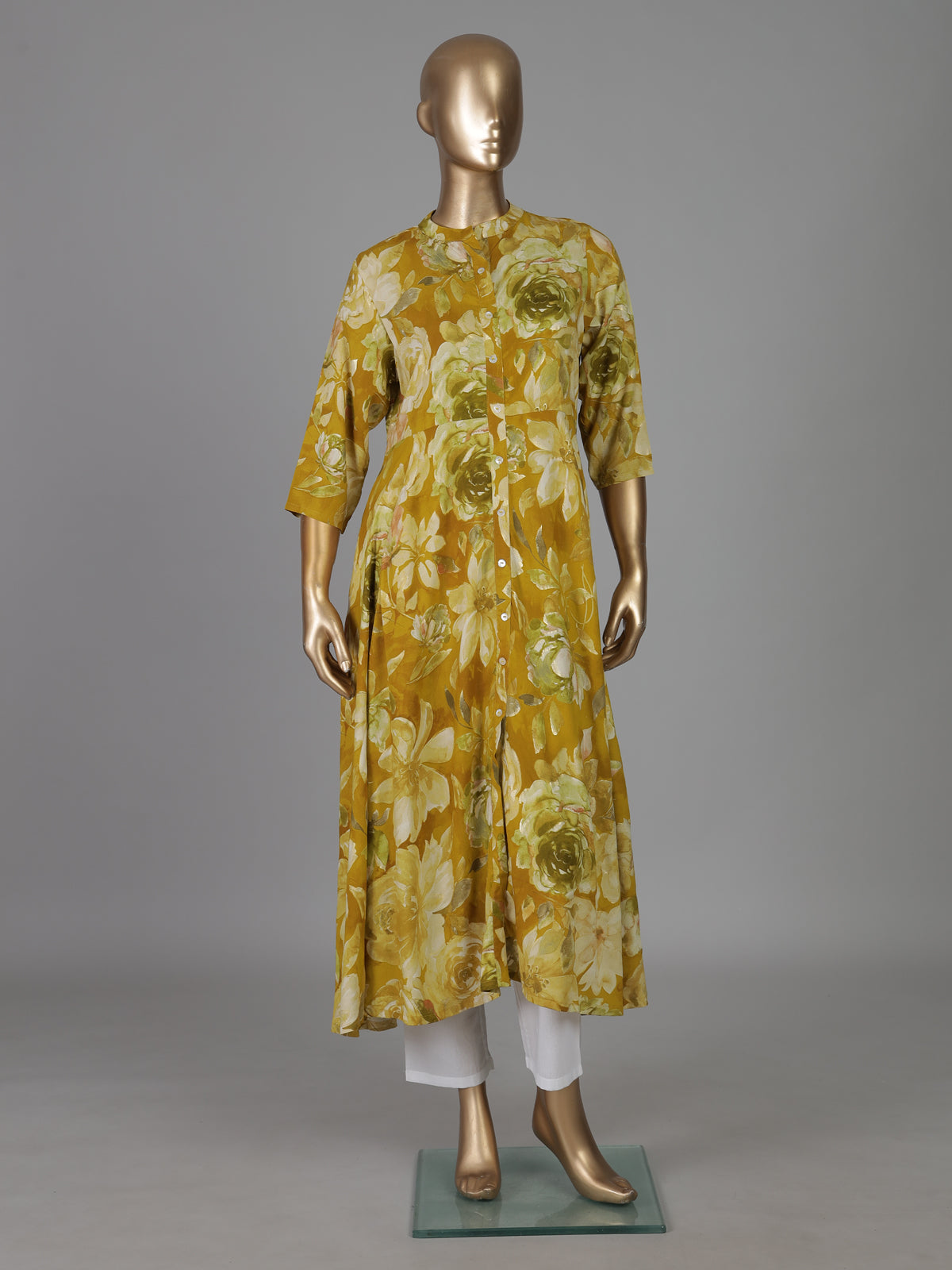 Mehendi yellow silk floral printed casual kurti design