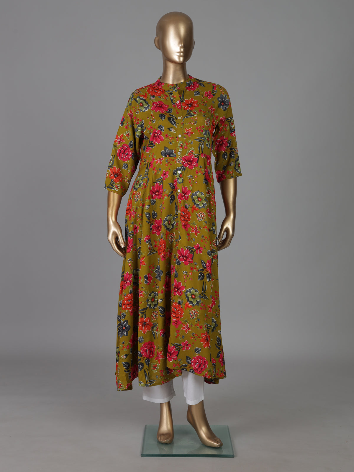 Mehendi olive silk floral printed casual kurti style