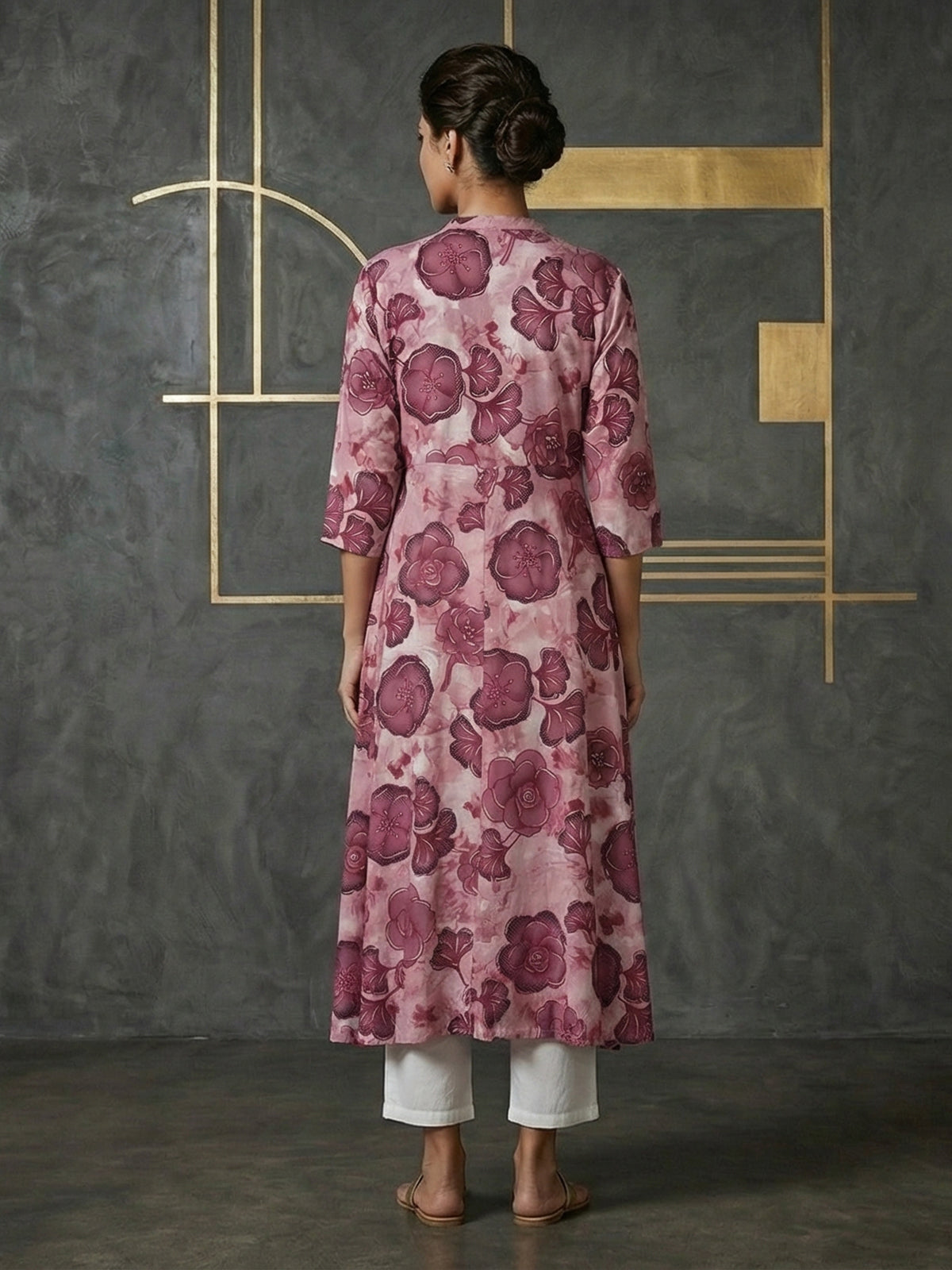Mauve purple floral printed cotton silk a line kurti