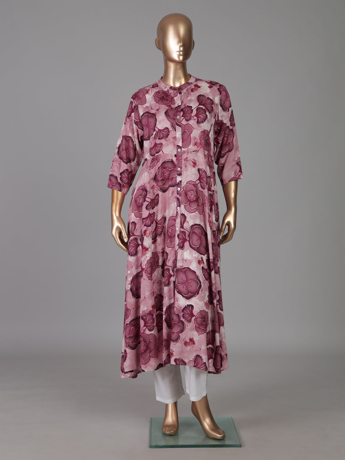 Mauve purple floral printed cotton silk a line kurti