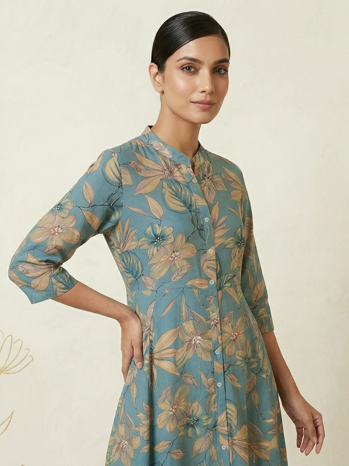 Royal blue floral printed cotton silk a line kurti