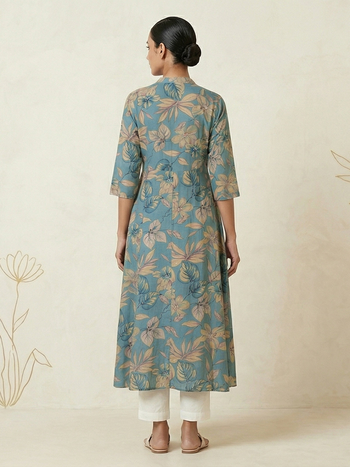 Royal blue floral printed cotton silk a line kurti