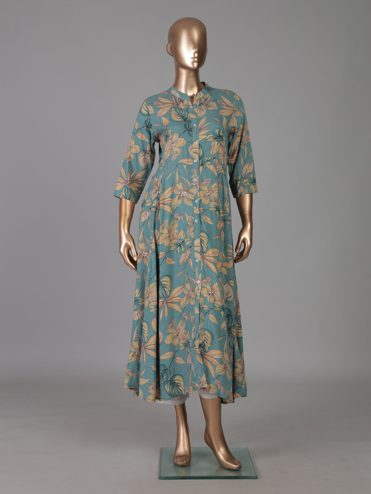 Royal blue floral printed cotton silk a line kurti