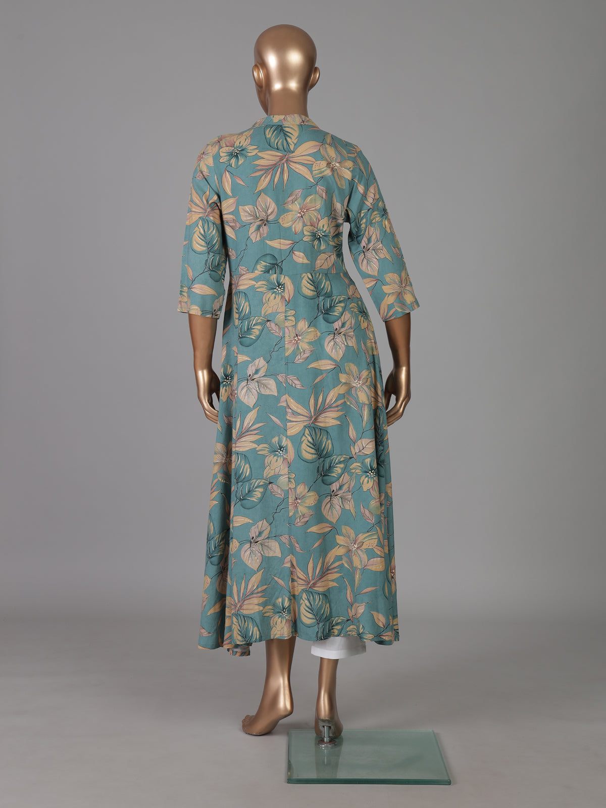 Royal blue floral printed cotton silk a line kurti