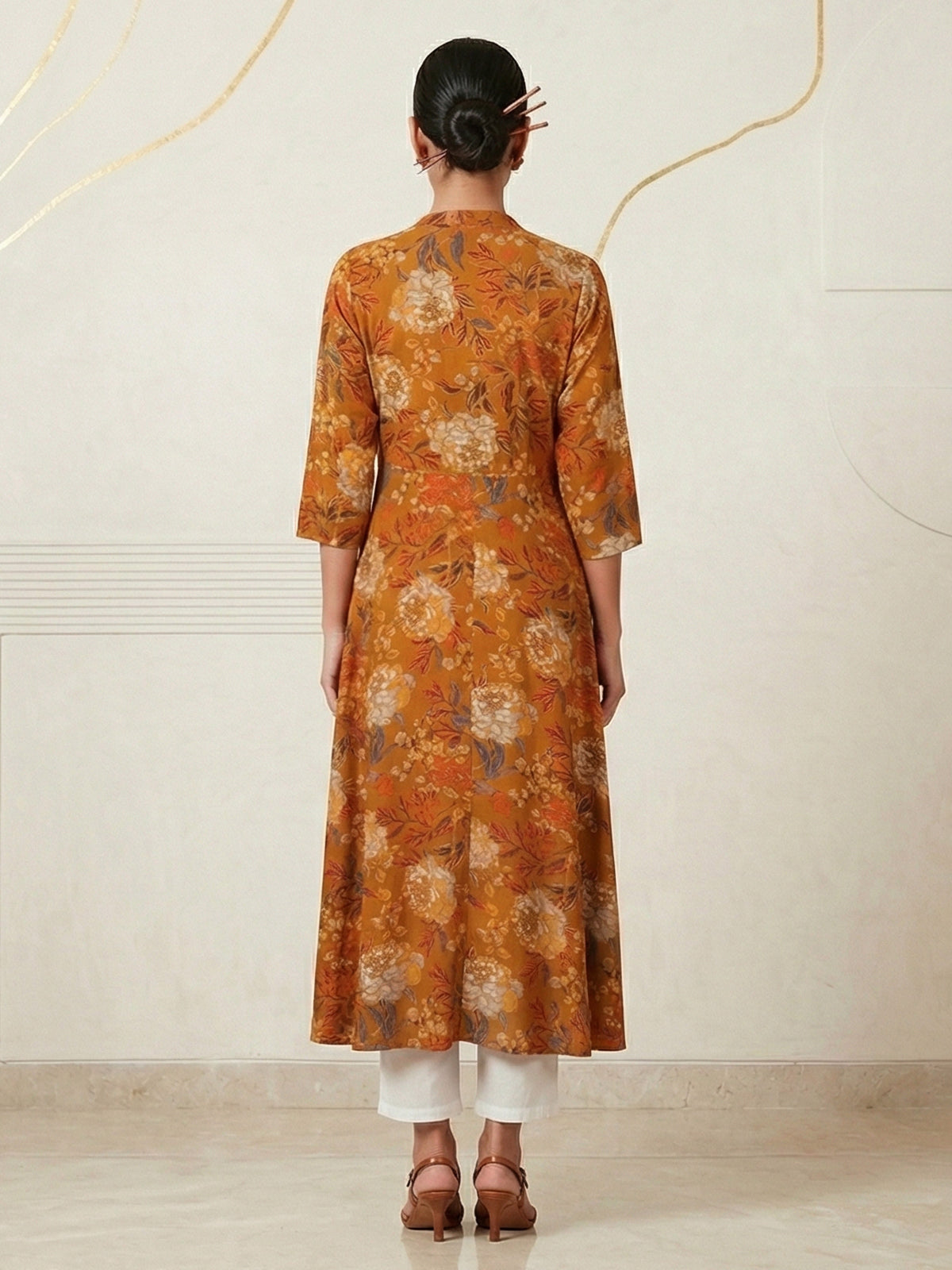 Mustard yellow floral printed cotton silk kurti for women