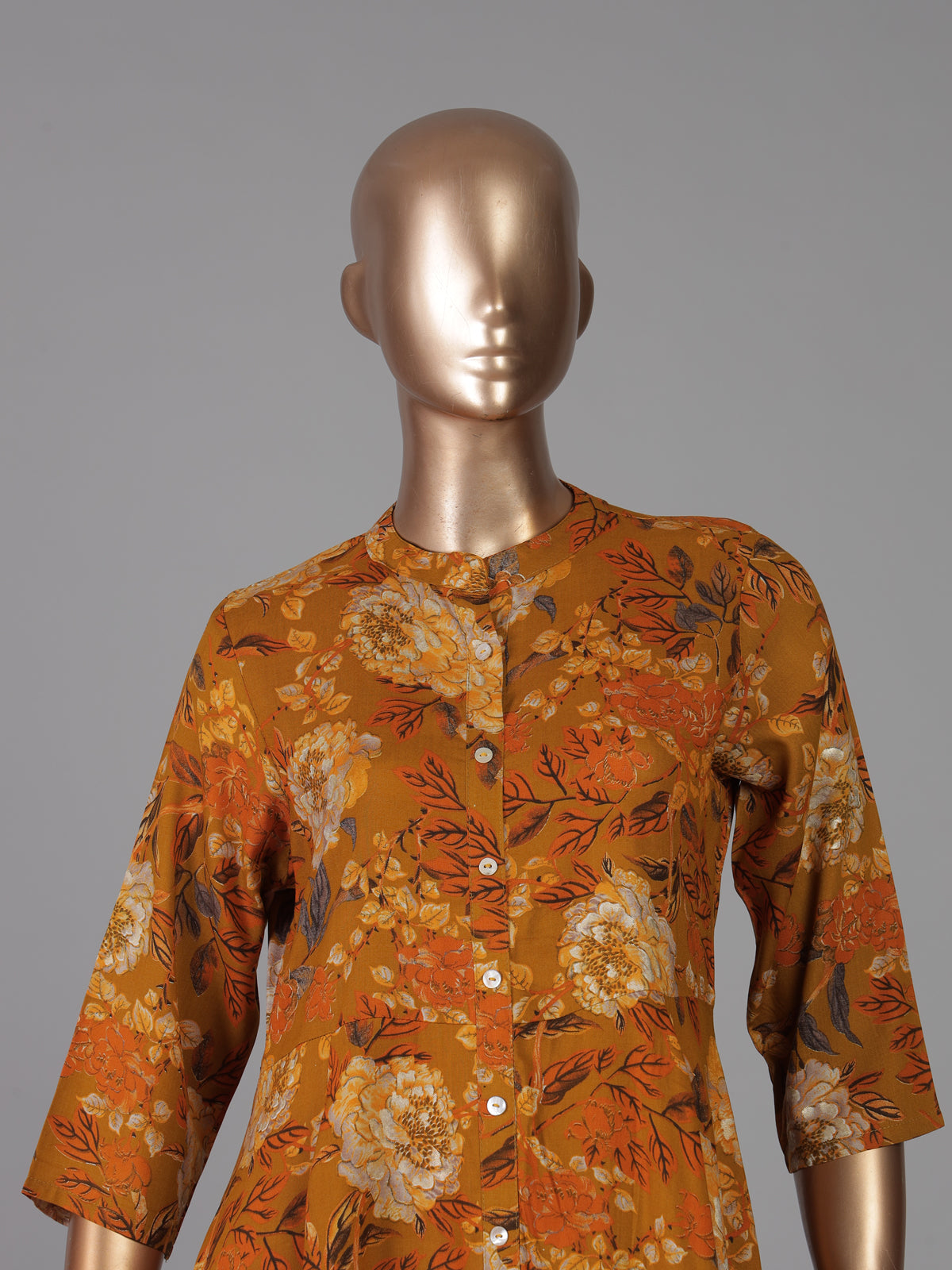 Mustard yellow floral printed cotton silk kurti for women