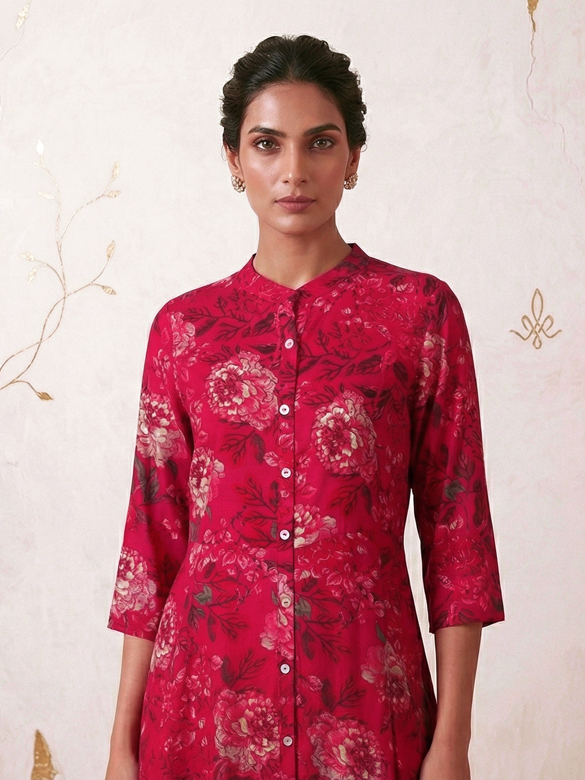 Magenta floral printed cotton silk a line kurti