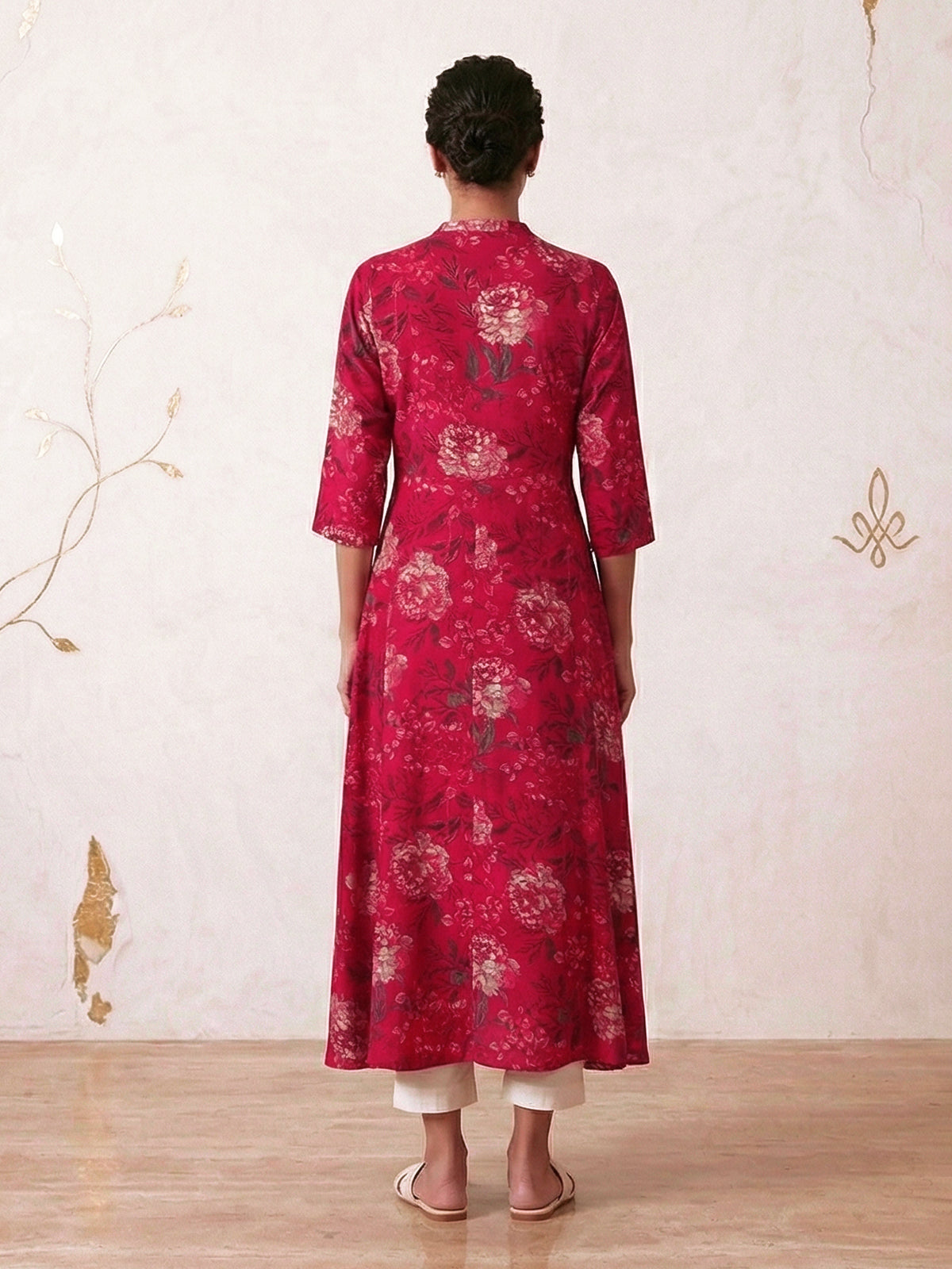 Magenta floral printed cotton silk a line kurti