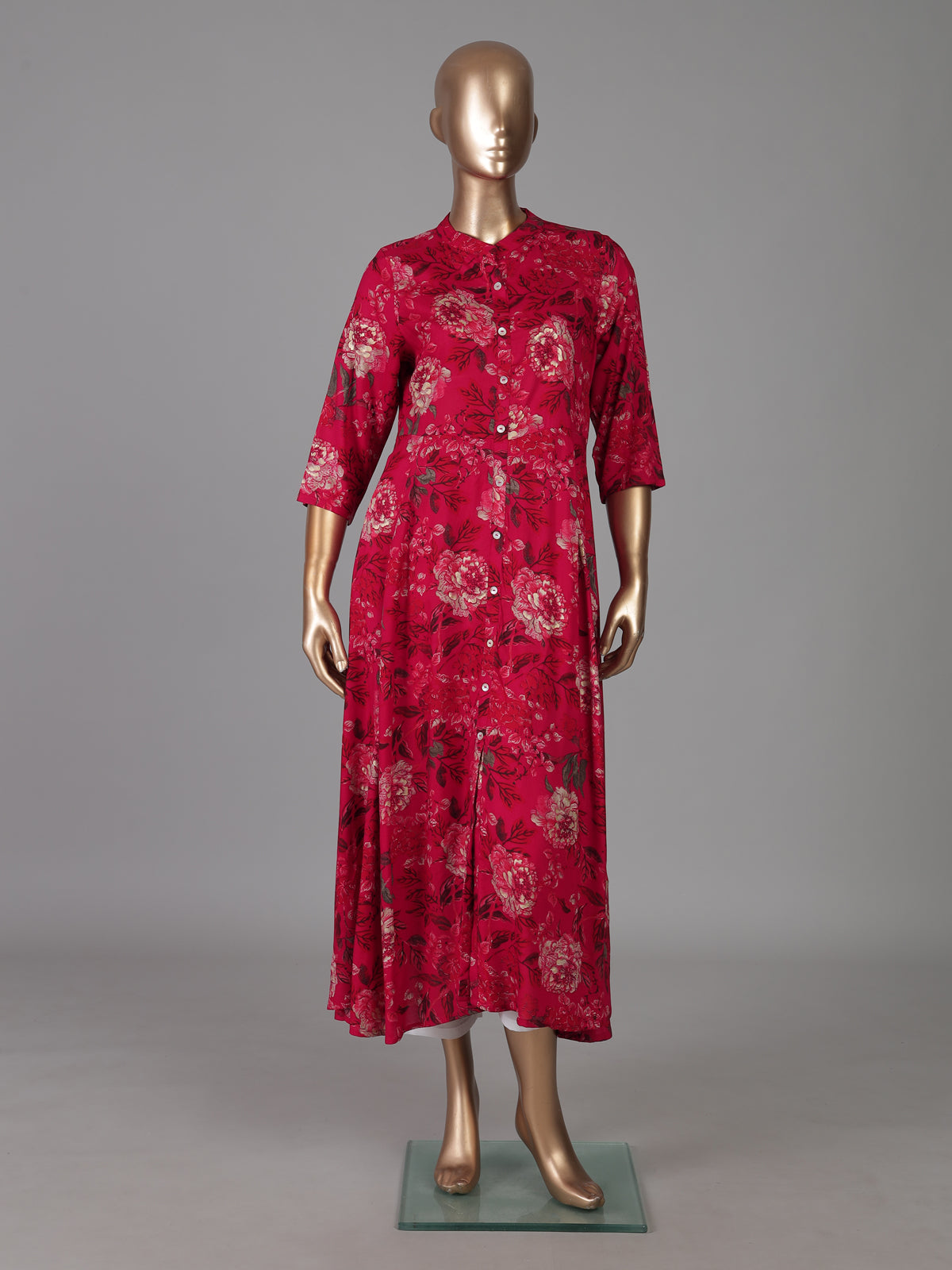 Magenta floral printed cotton silk a line kurti