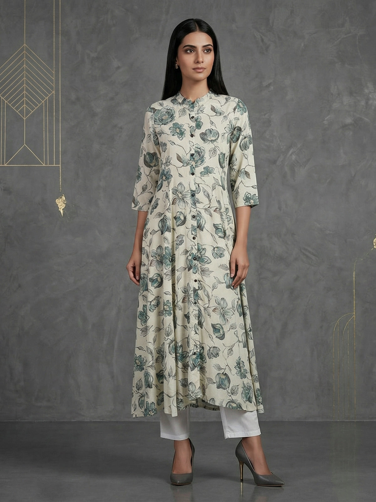 Off-white floral printed cotton silk a line kurti