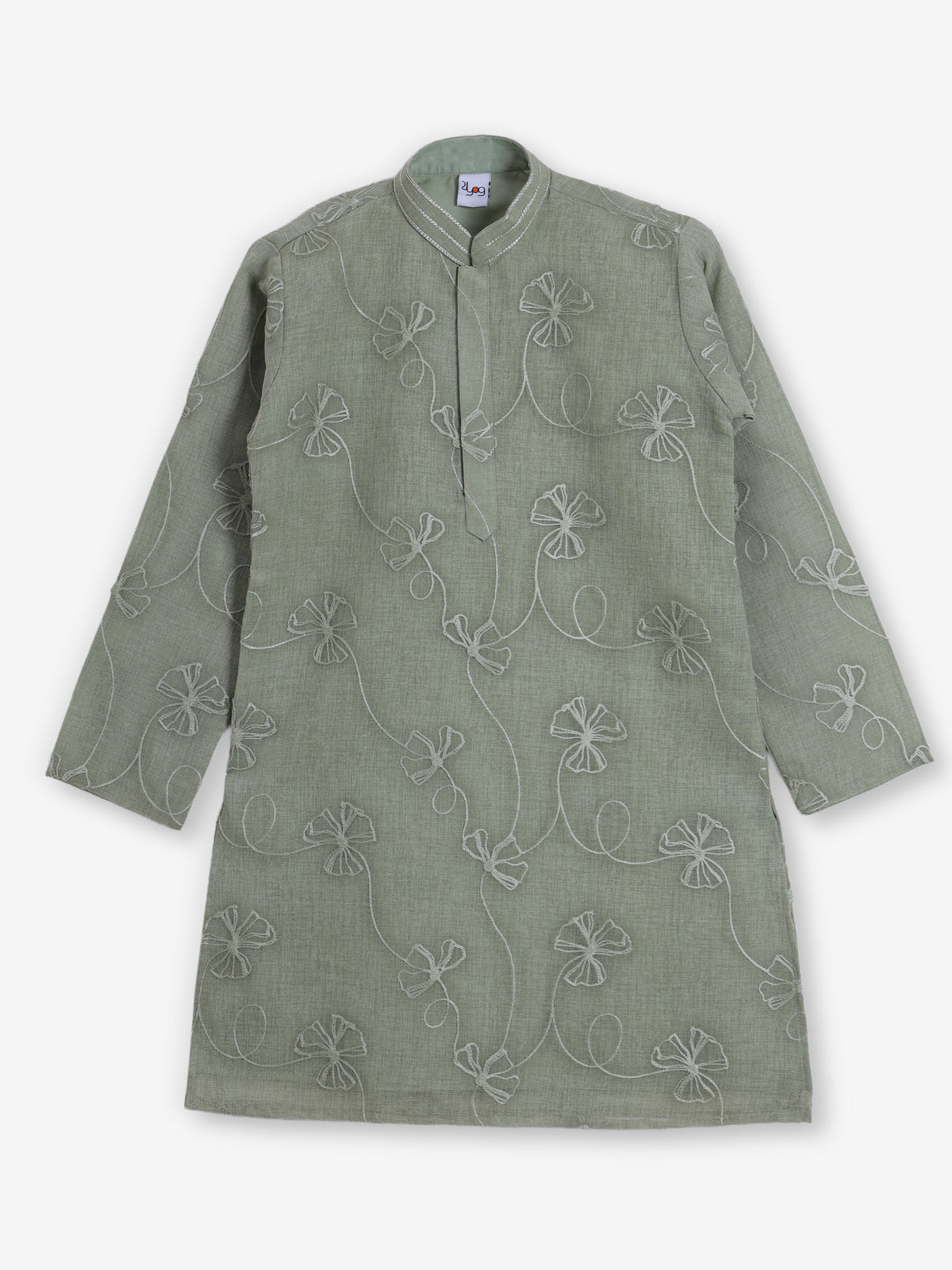 Sage green cotton linen floral thread festive kurta suit
