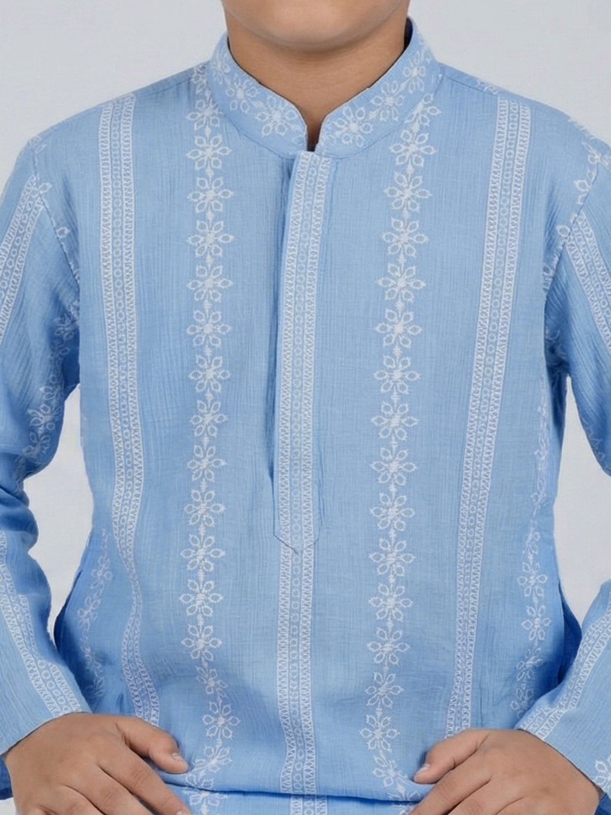 Sky blue silk embroidered mandarin collar festive kurta suit