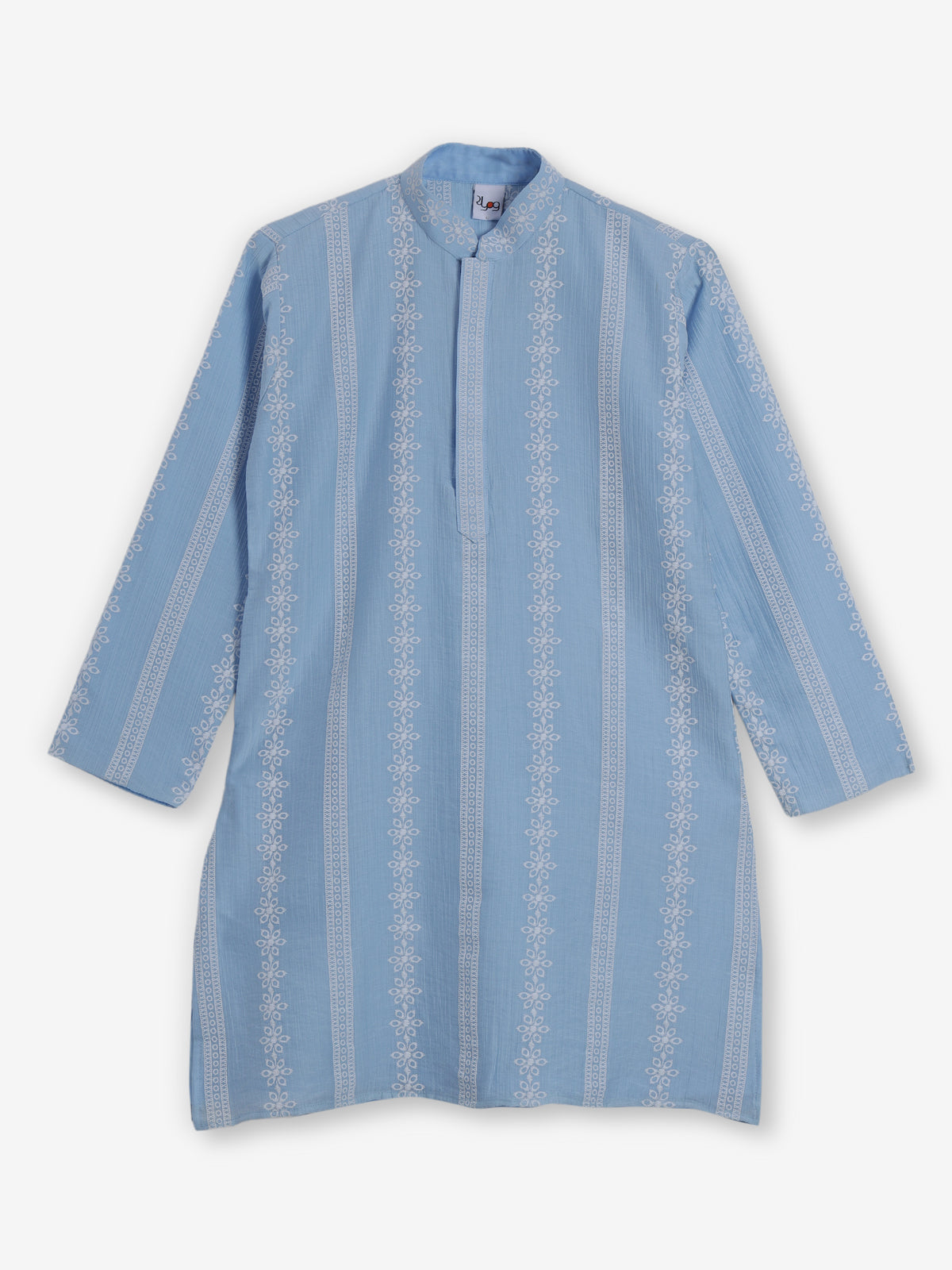 Sky blue silk embroidered mandarin collar festive kurta suit