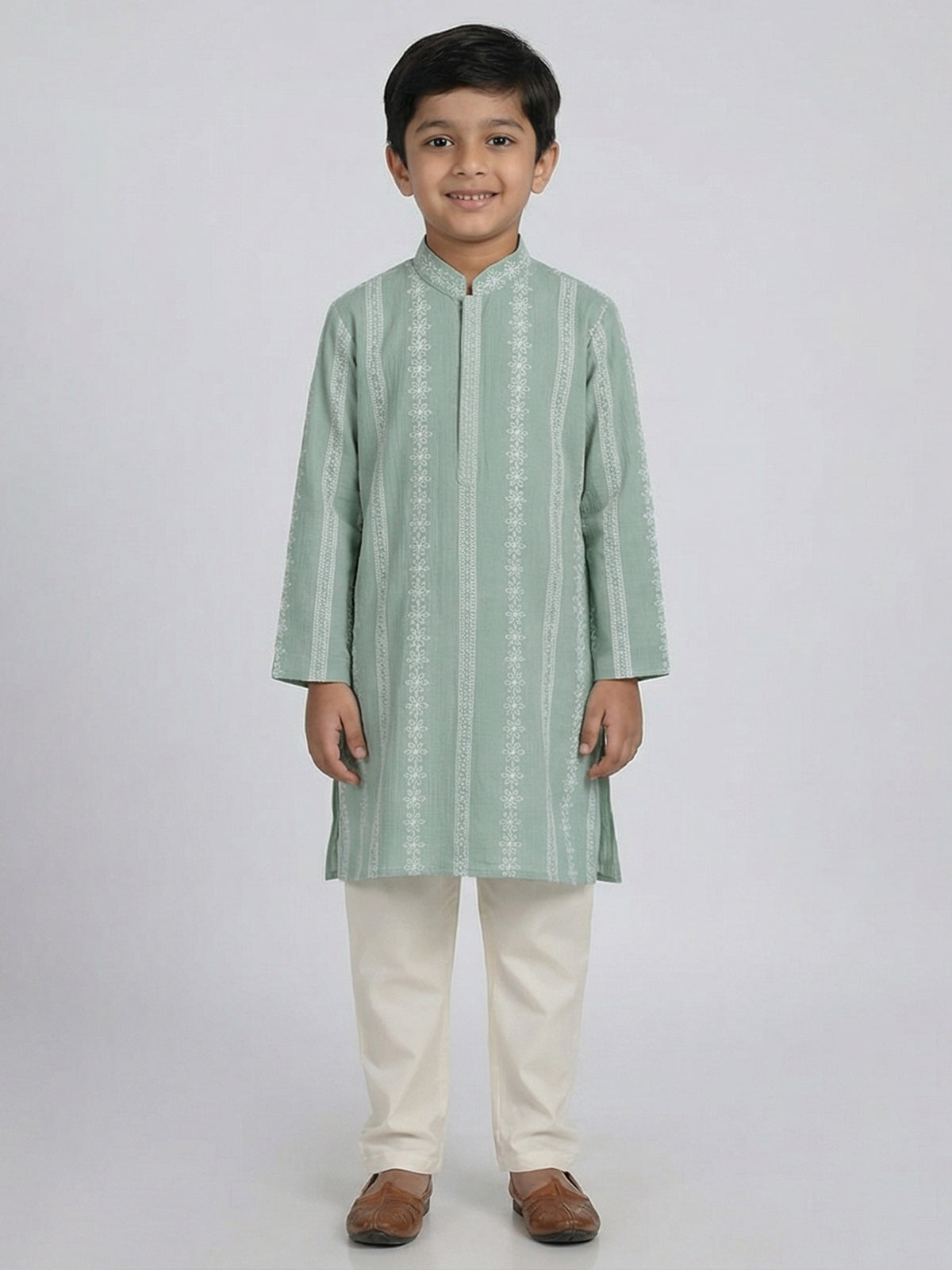 Pista green silk embroidered mandarin collar festive kurta suit