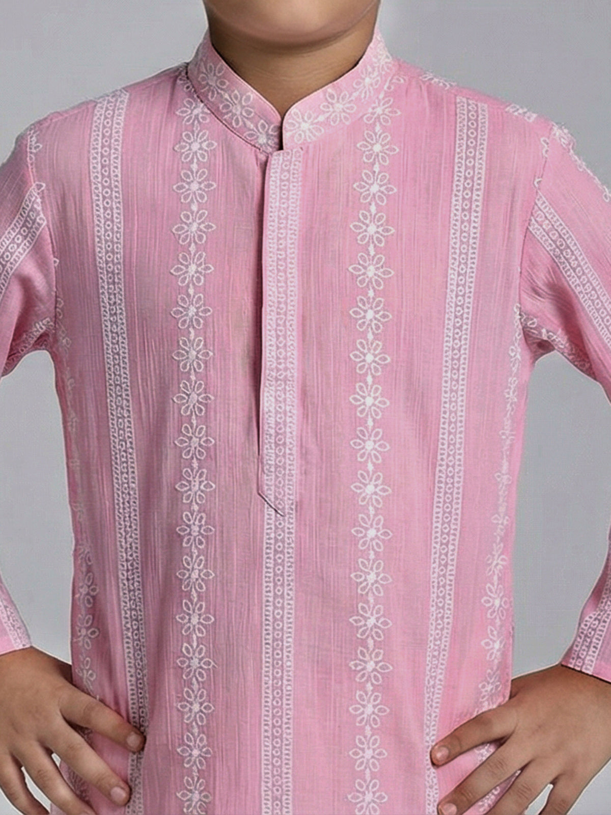 Pink silk embroidered mandarin collar festive kurta suit