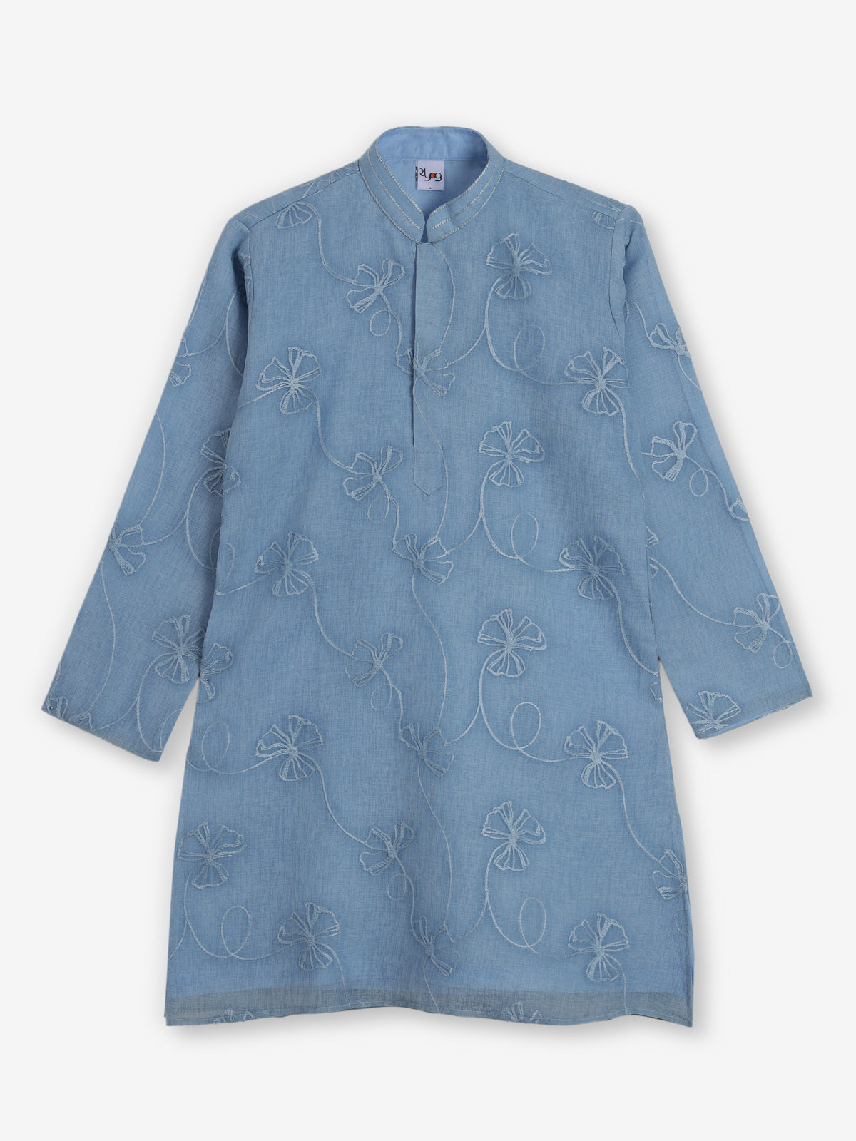 Sky blue cotton linen floral thread festive kurta suit