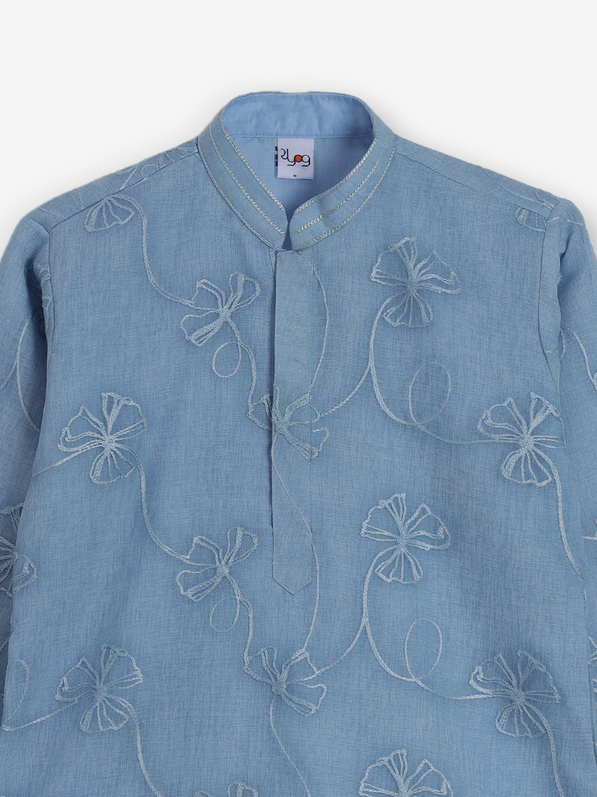 Sky blue cotton linen floral thread festive kurta suit