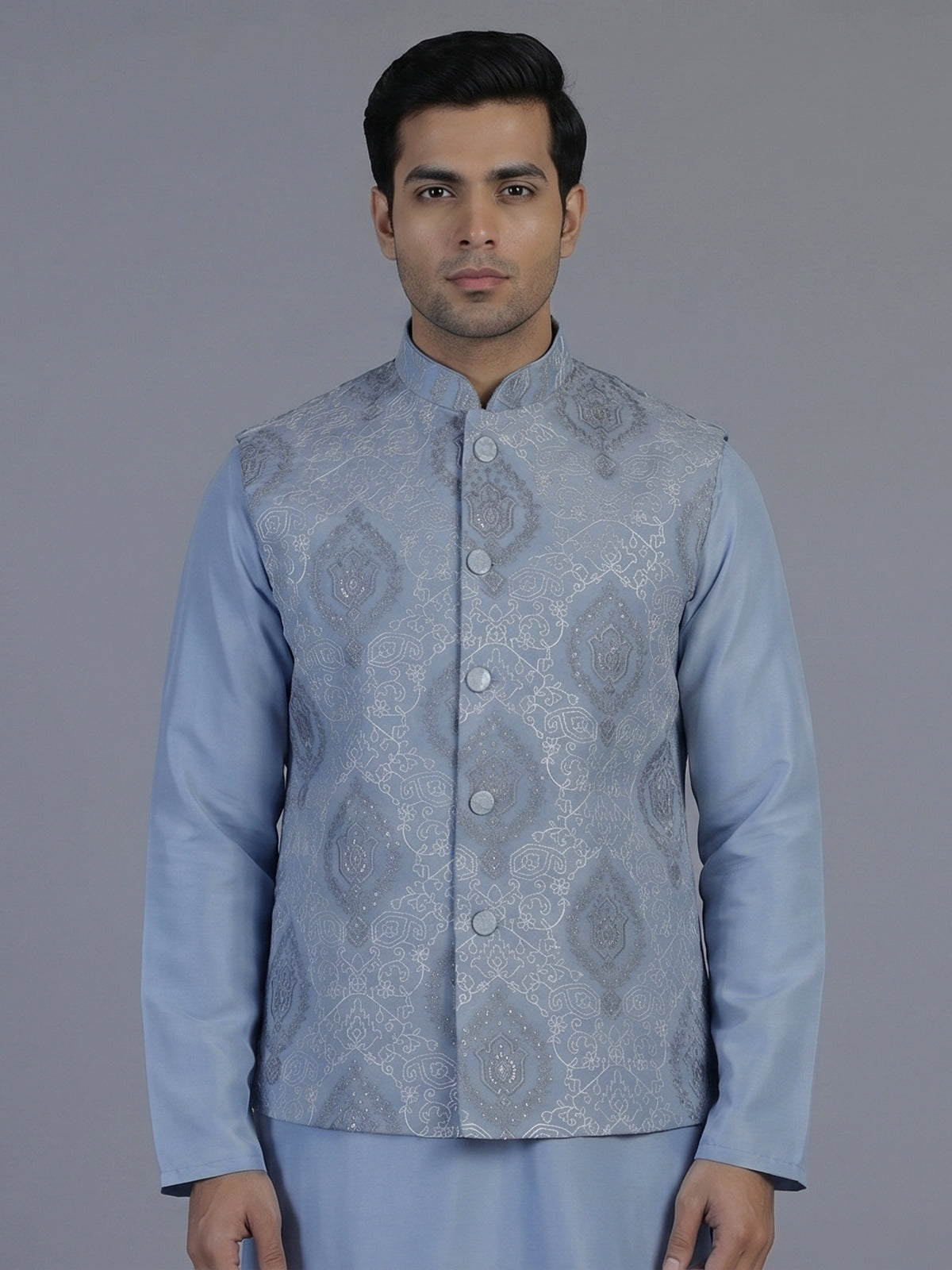 Stone blue embroidered nehru jacket style waistcoat set