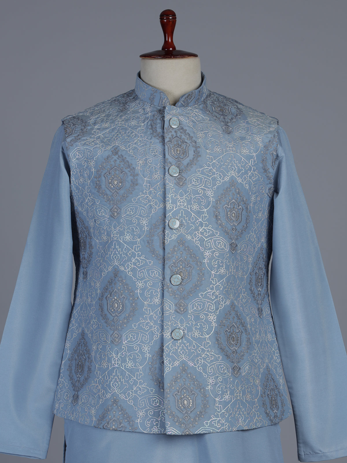 Stone blue embroidered nehru jacket style waistcoat set
