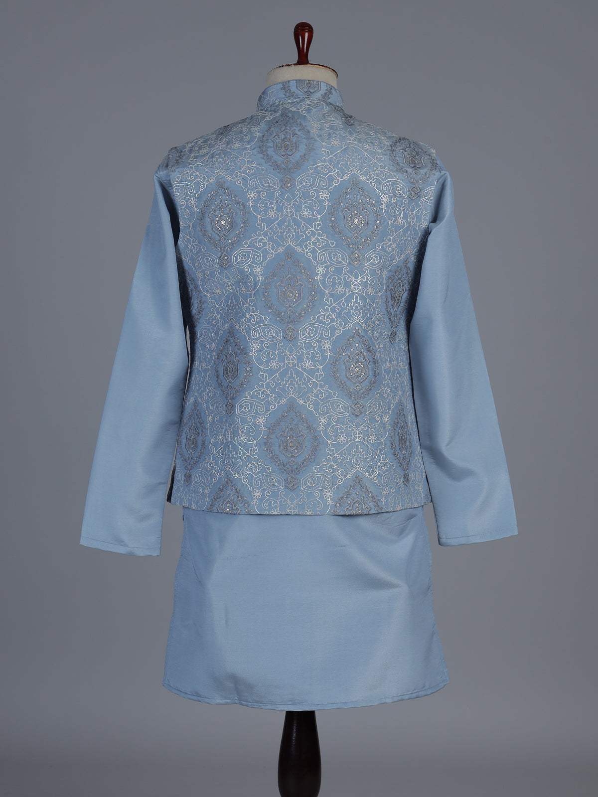 Stone blue embroidered nehru jacket style waistcoat set