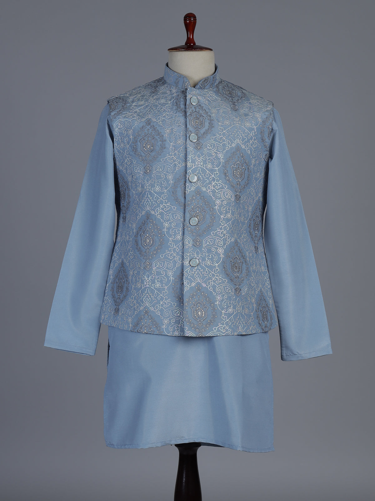 Stone blue embroidered nehru jacket style waistcoat set