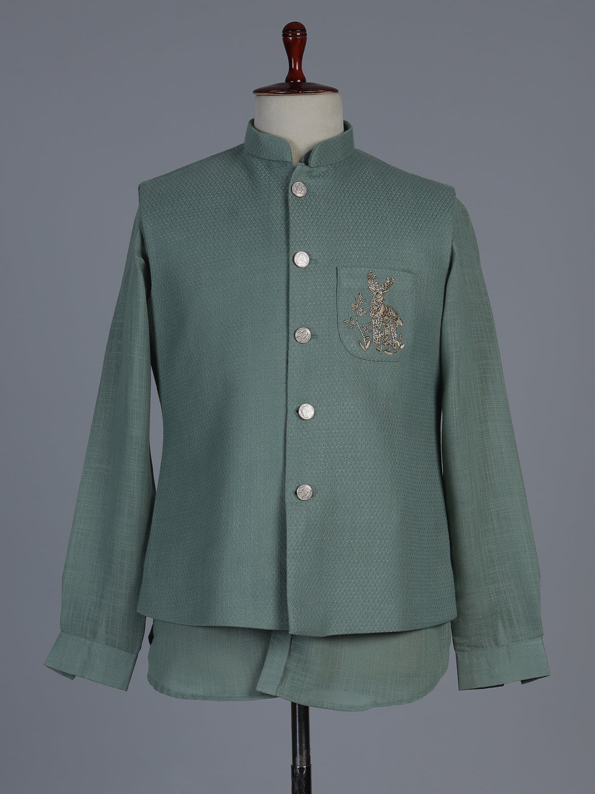 Sage green designer waistcoat set with deer motif