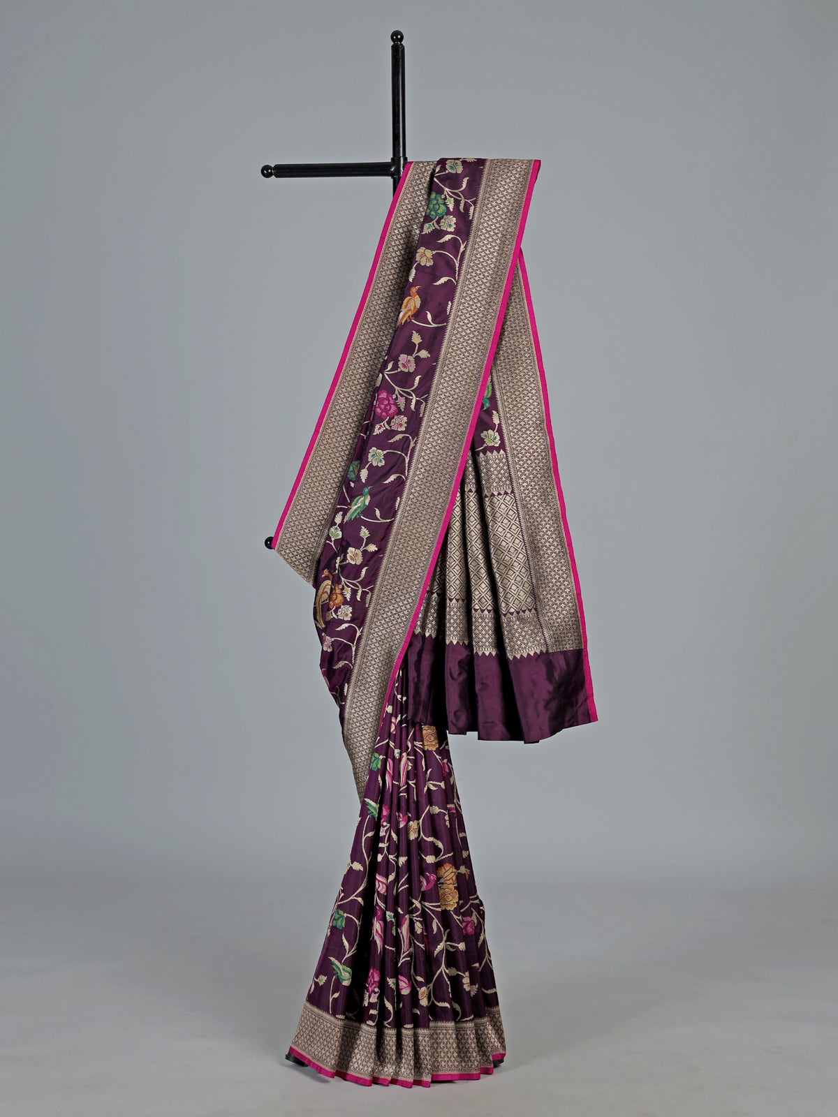 Dark purple banarasi silk saree with meenakari floral jaal