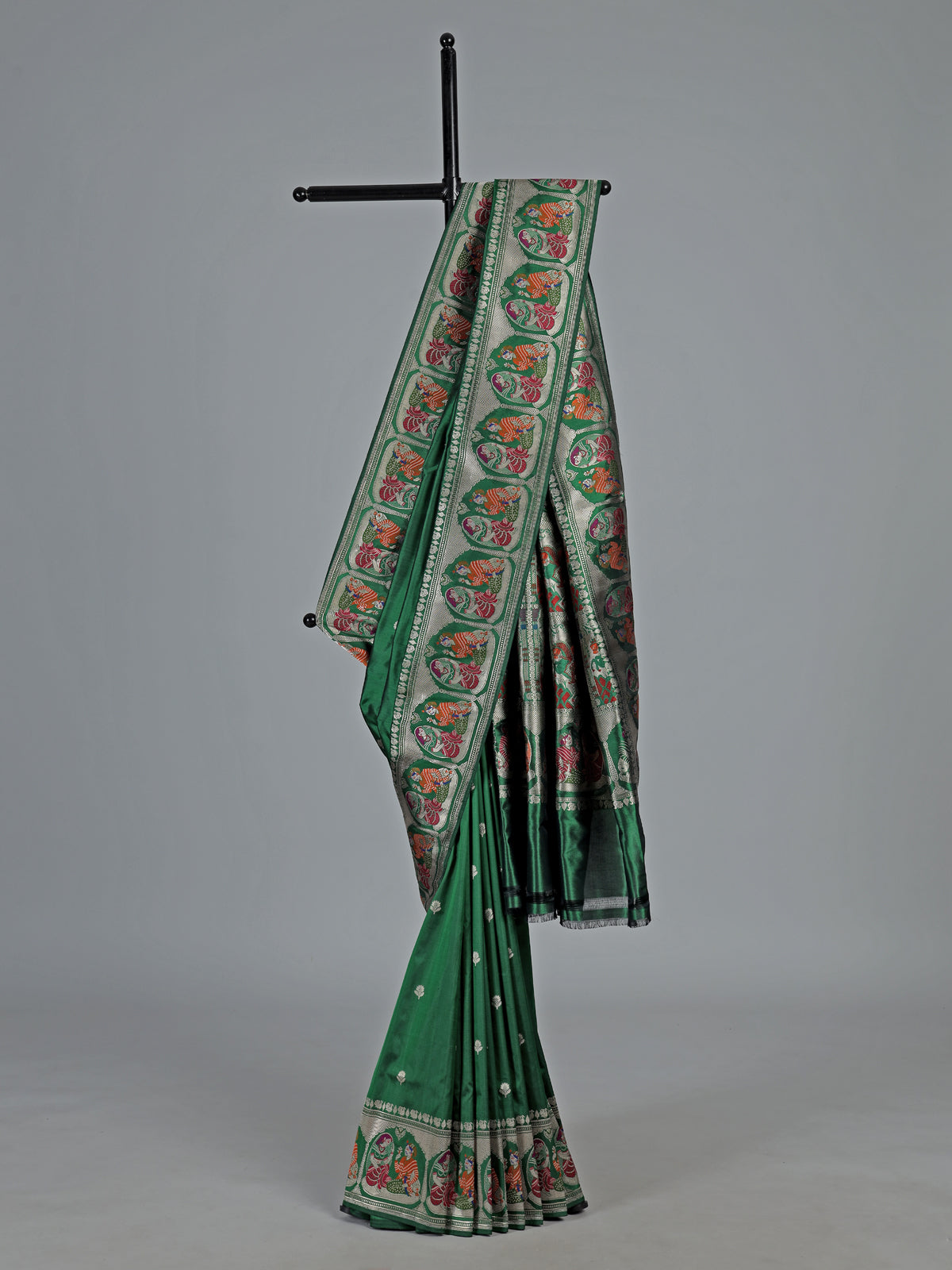 Emerald green banarasi silk saree with meenakari border