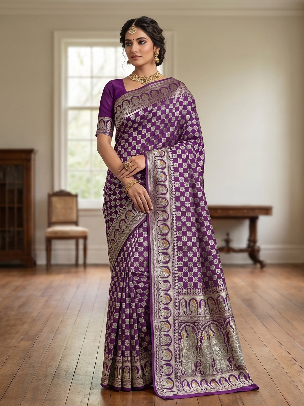 Purple banarasi silk saree with textured zari border
