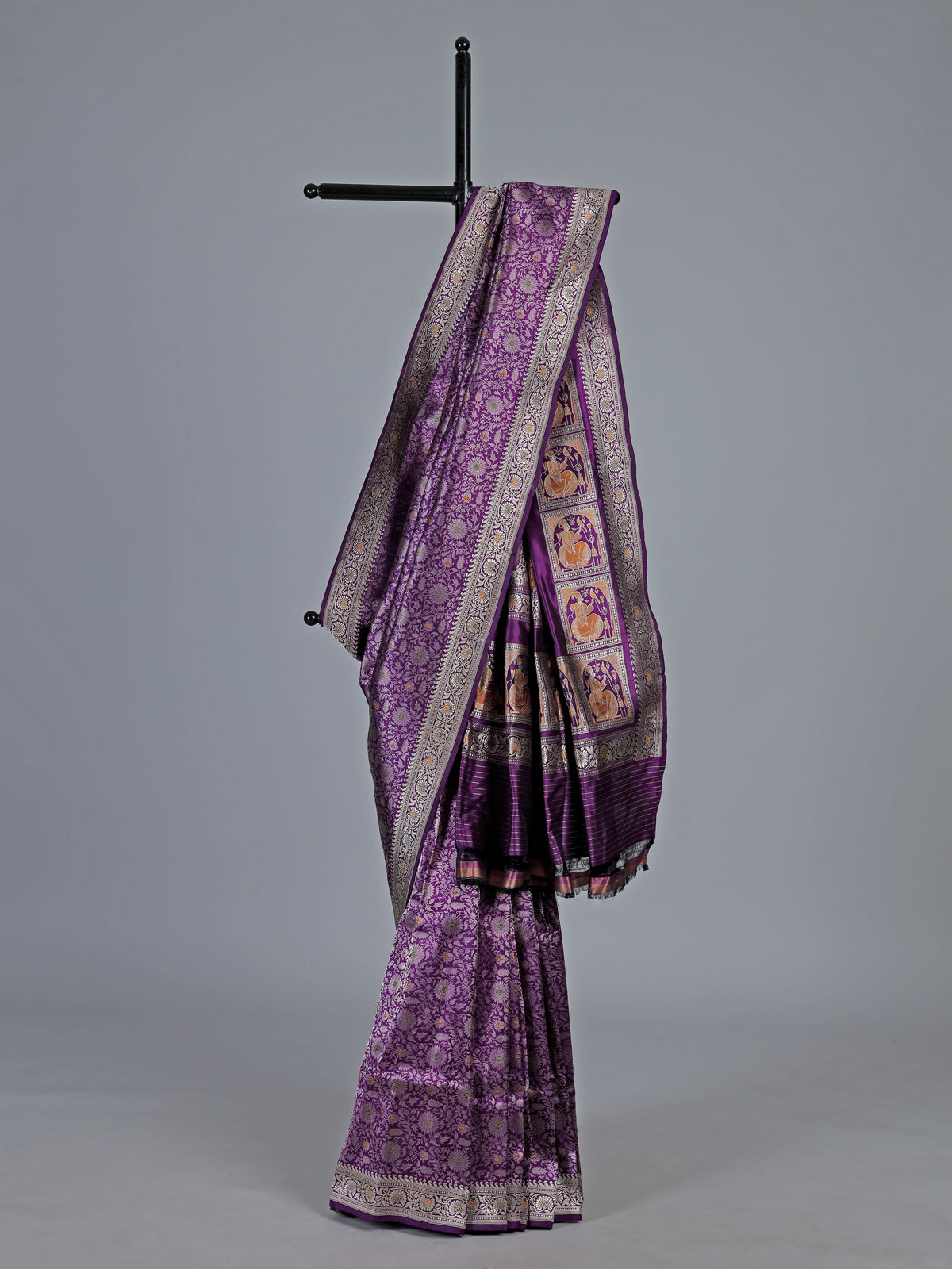 Dark purple banarasi silk saree with intricate zari motifs