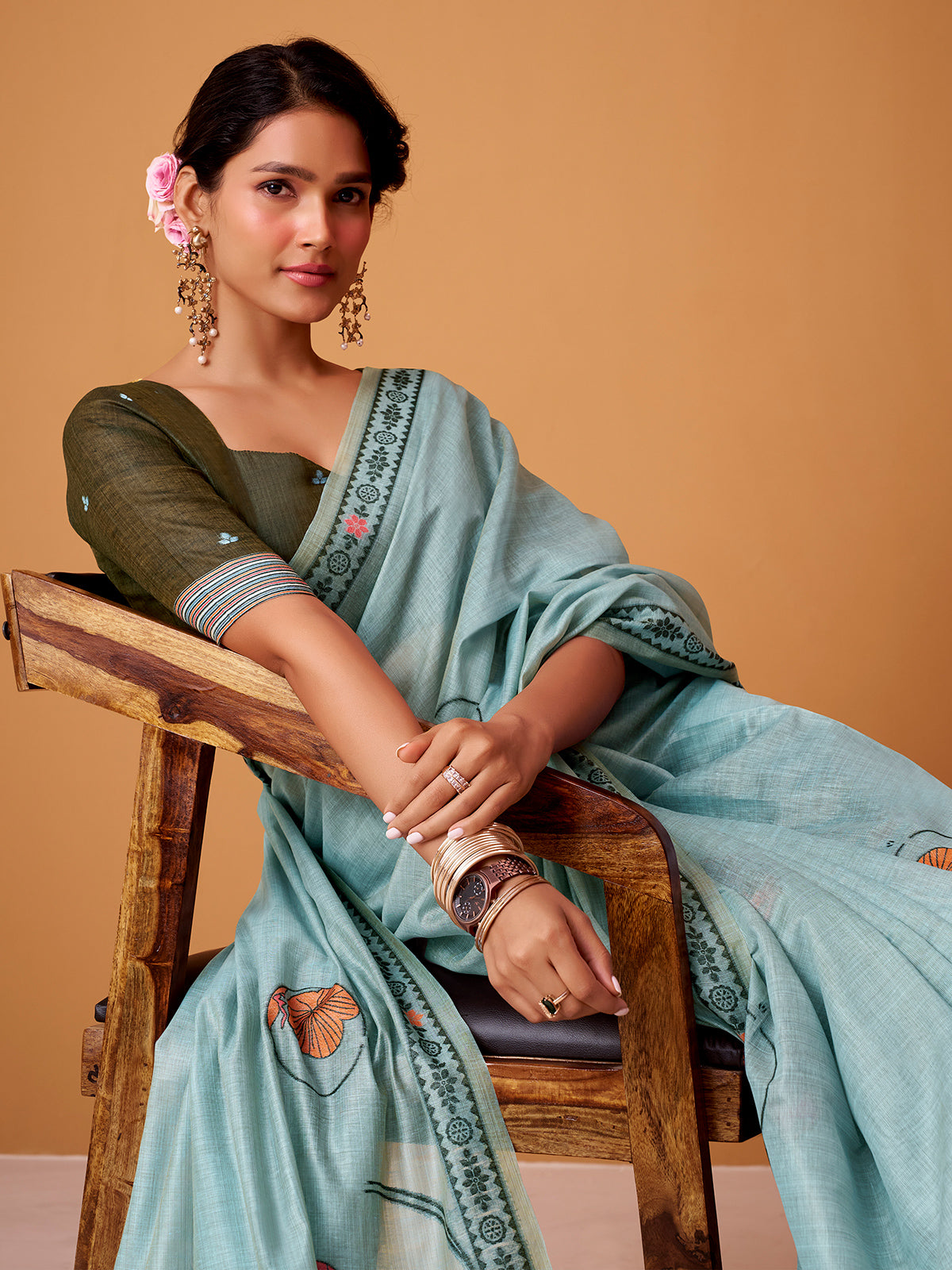 Mint blue floral jamdani cotton festive saree