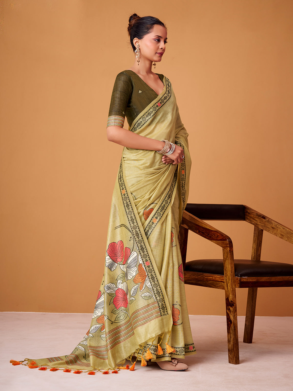 Mehendi yellow floral jamdani cotton festive saree