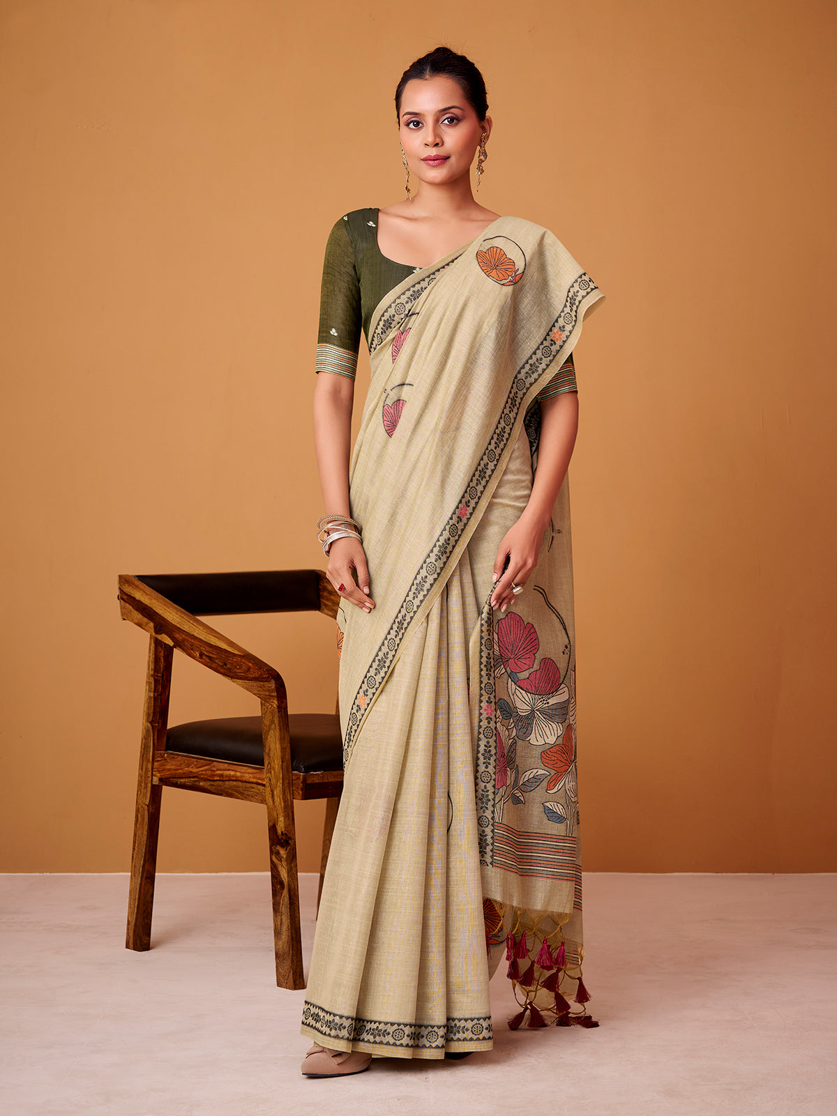 Light beige floral jamdani cotton festive saree