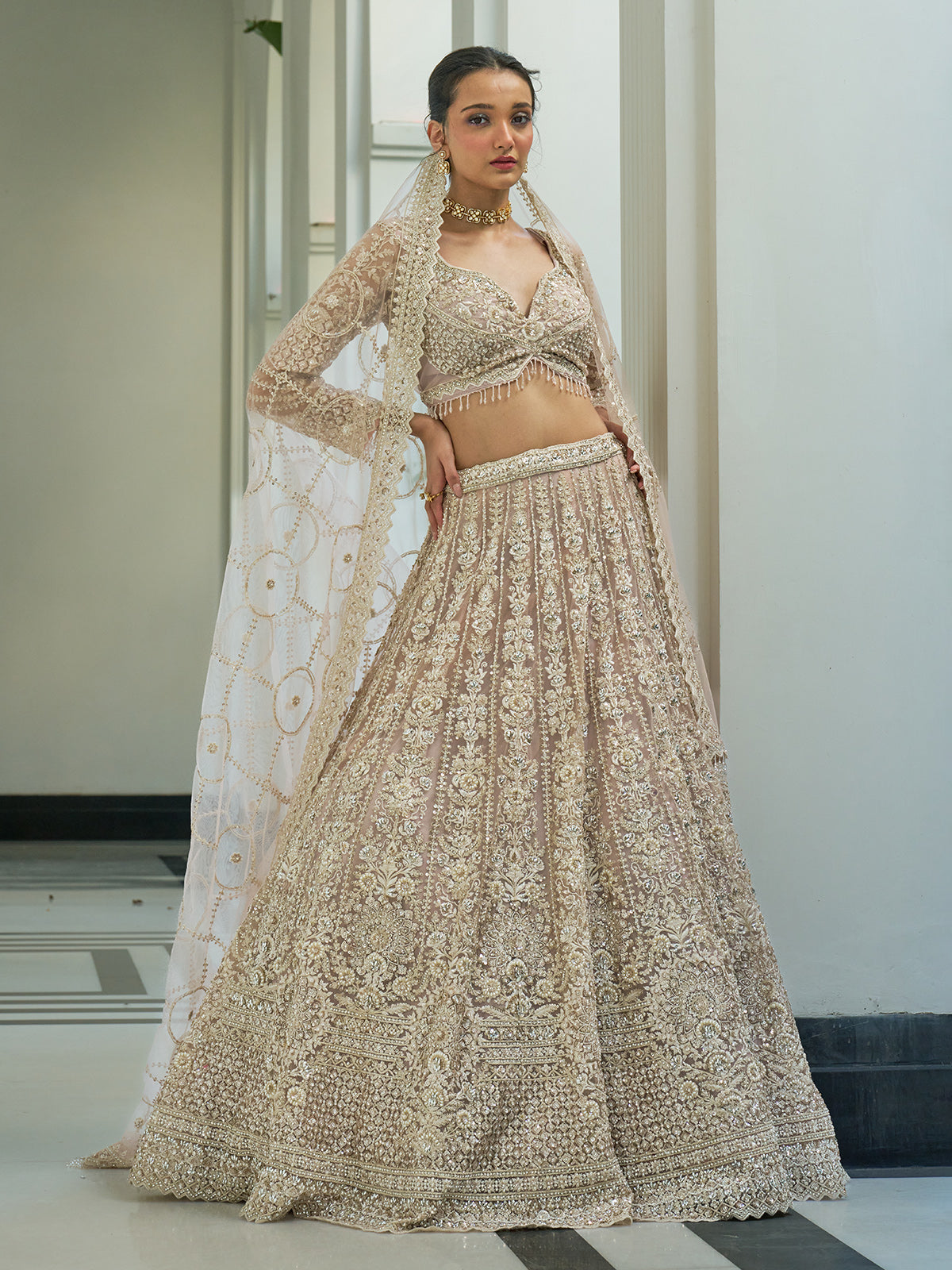 Beige net embroidered bridal lehenga choli for engangement