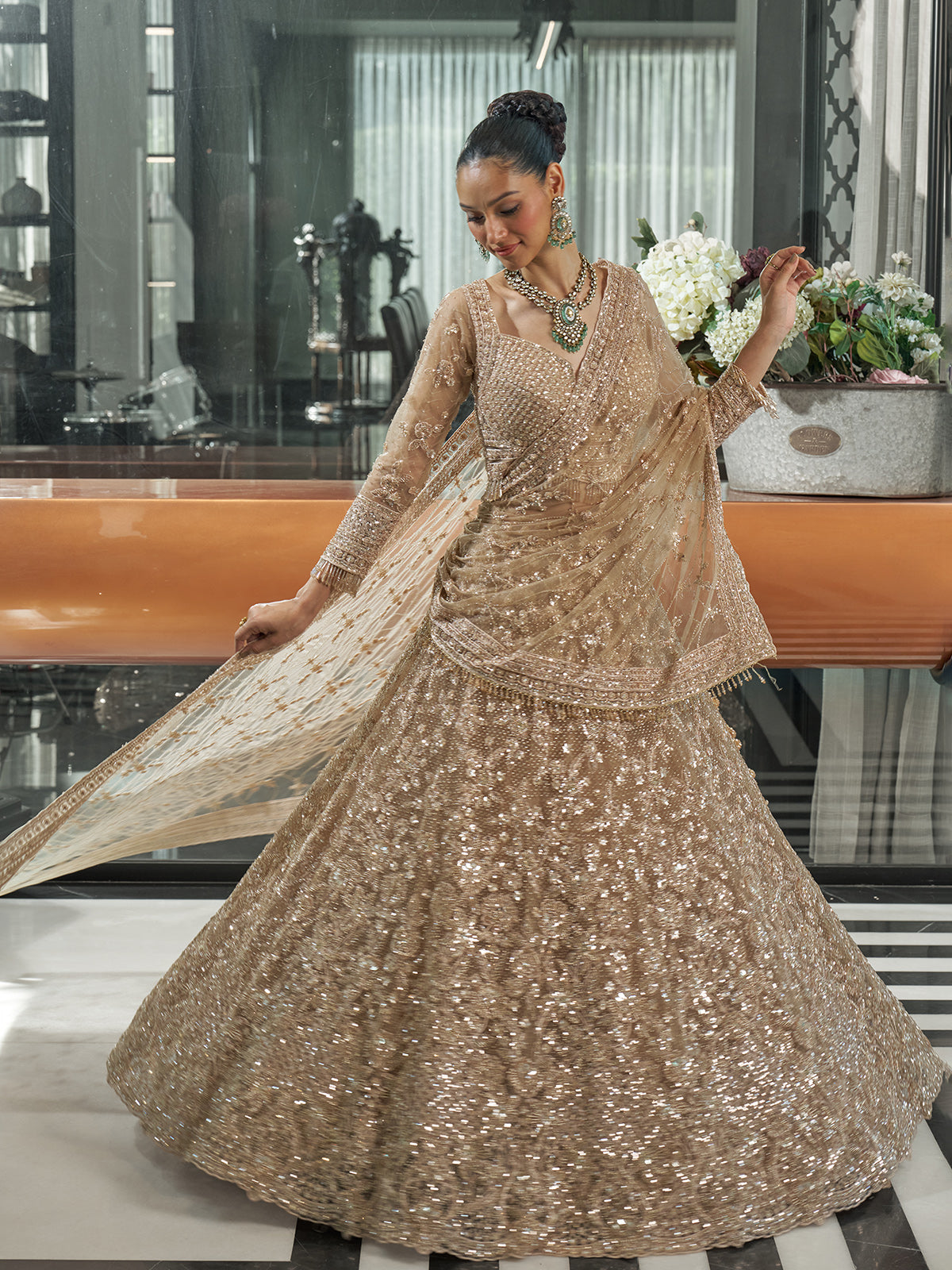 Dark beige net bridal lehenga choli for reception