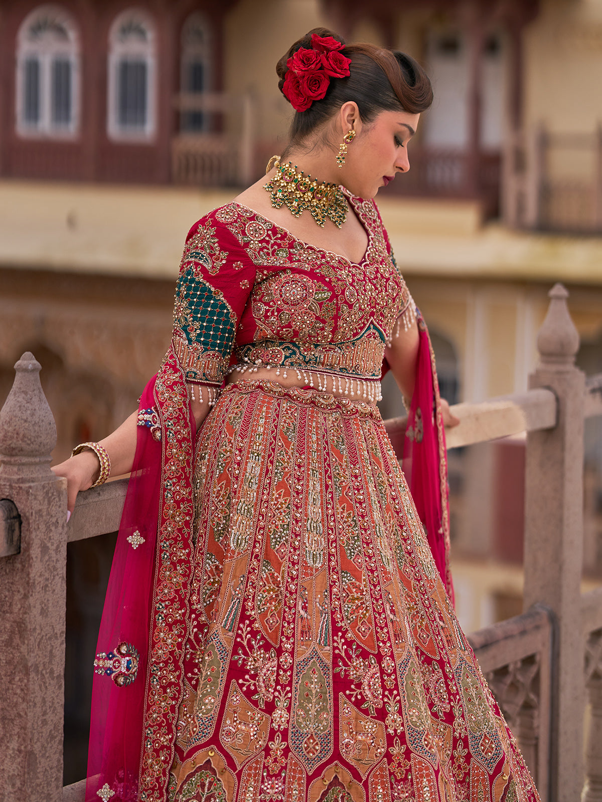 Crimson red silk net bridal lehenga choli