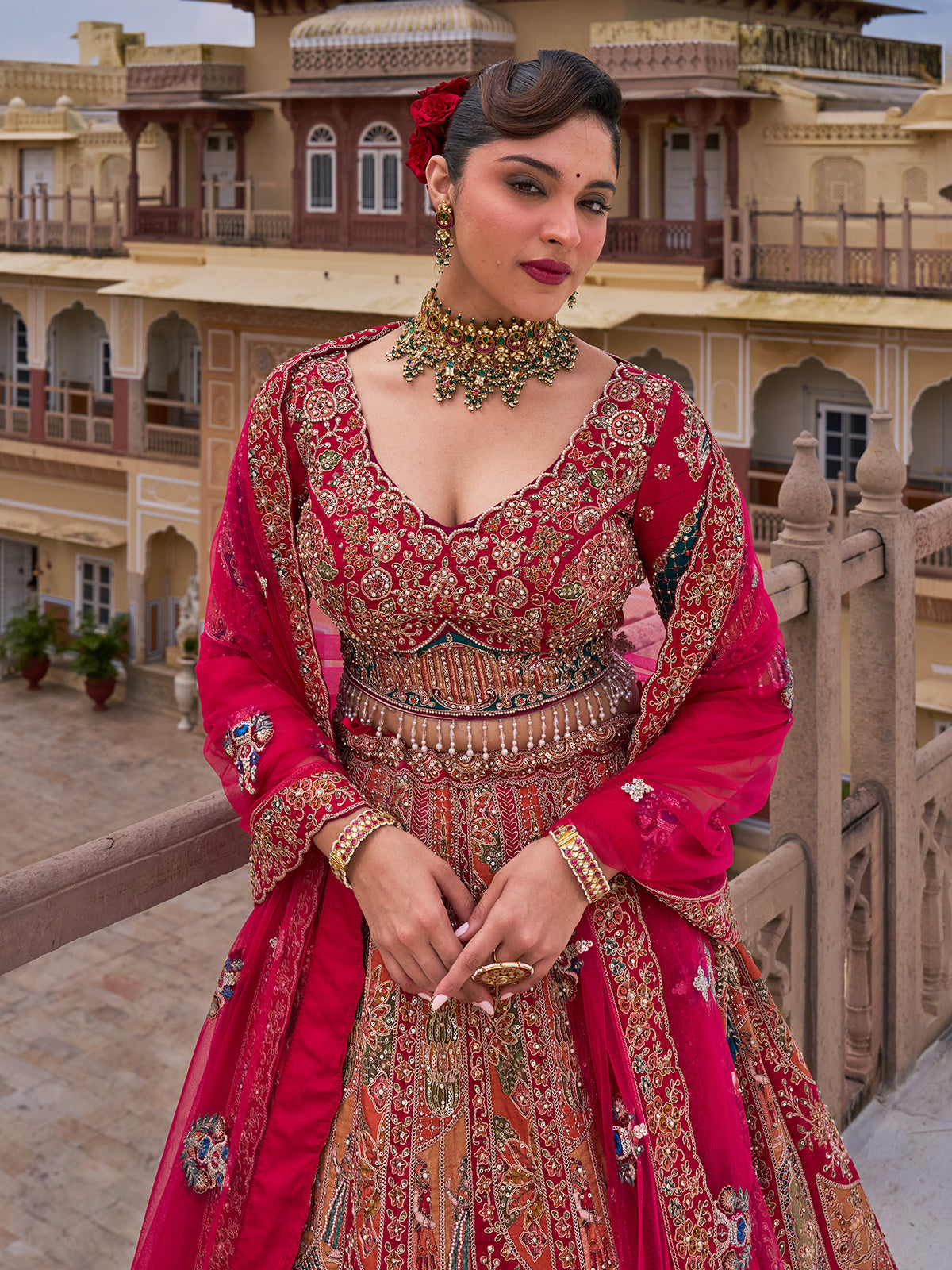 Crimson red silk net bridal lehenga choli